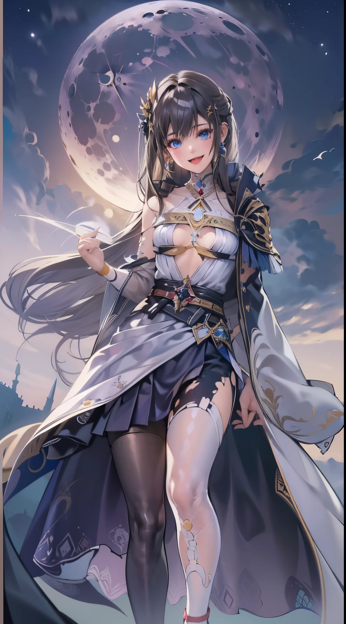 One lady,ar old, ,((())), (()), (())((I'm opening my mouth)),((micro skirt, bodysuit and short cloak))(A smile),,(A dark-haired,),((Fantasy,Moon Night))((Clothes are torn))
