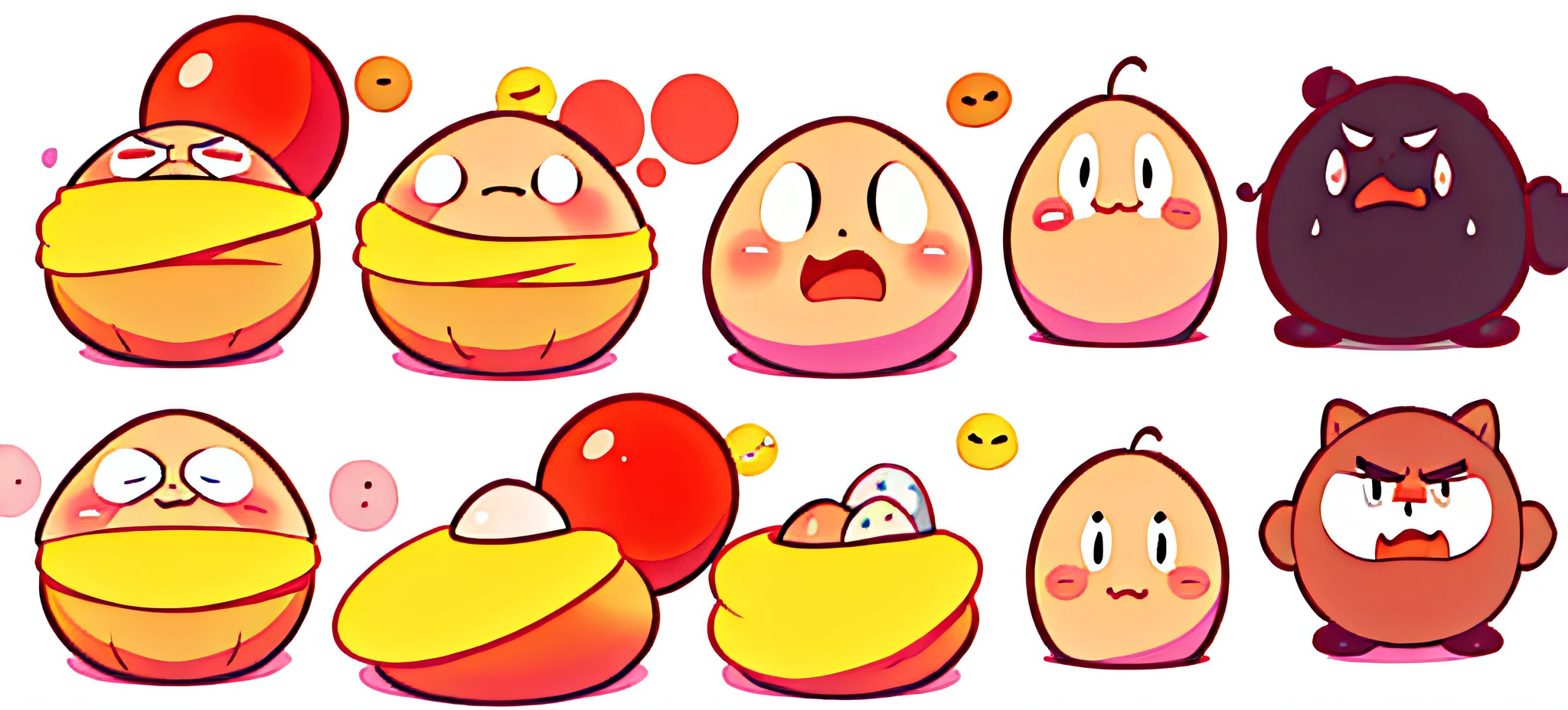 Close-up of a pile of different types of eggs, blob anime, Crying kawaii face, different expression, blobs, adorable expression, neutral expressions, happy face, expressed, Soft but grumpy, cute character, r/Wow a lot, Wow a lot, Happy expression, The soft, A helpless expression, various emotions, Micro-expressions, The confused expression, punchable expression