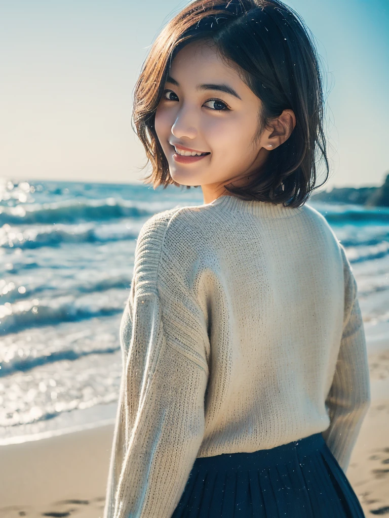 masterpiece, Best Quality, Ultra-detailed, film photography, Extremely delicate and beautiful ,hight resolution, ((film overlay, film grain:1.5)), 1 girl in, 25-years old, Beautiful girl in Japan, sand beach、the beach、girl having fun on the beach、dynamic compositions、((Look away)), japanes, the whole, Peacoat, Blue sweater, Long flared skirt,great joy、A smile, ((Plump lips),(Natural Skin), (Wavy Hair),(Short hair), (Back lighting), (Detailed eyes),(detailed facial features), (detailed arms),(Detailed fingers),(Detailed feet),eyes focus,softfocus