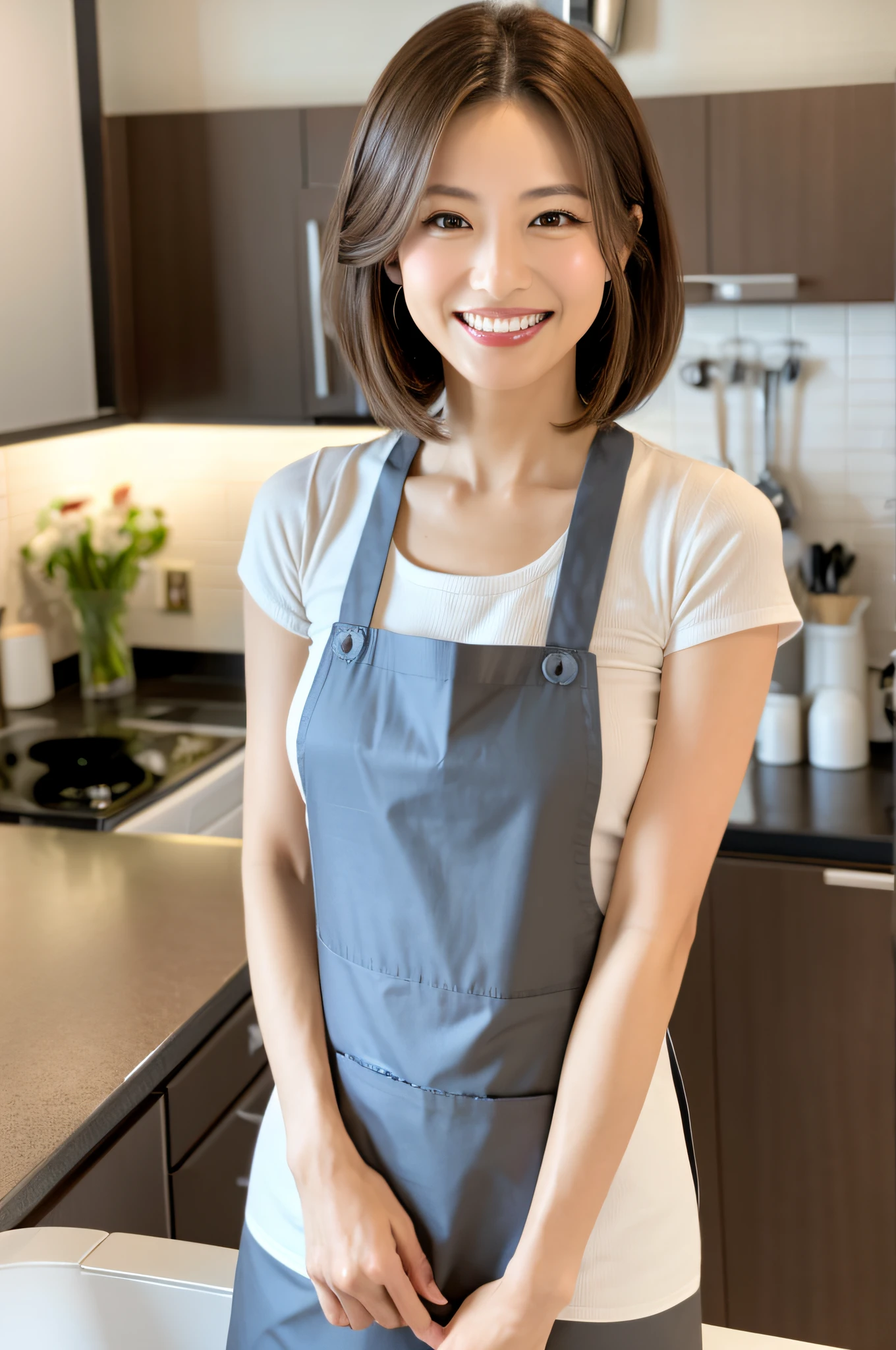 Highest resolution, 4K, Masterpiece: 1.3), A Japanese milf, photo of one lady, Sexy: 1.1, fine eyes, Slender figure, Realistic teeth, double eyelids, smile, full body, best quality, detailed, beauty, a married woman, at the kitchen, wearing apron, cooking