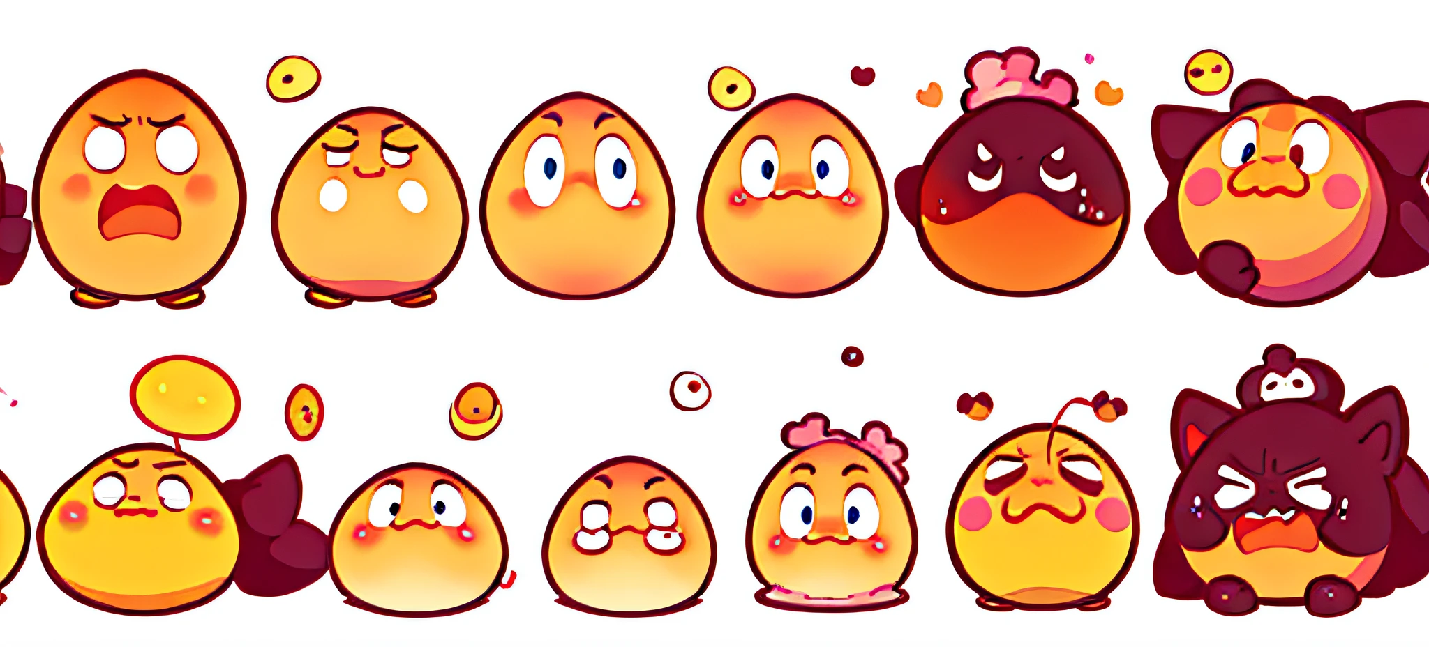 Close-up of a pile of different types of eggs, blob anime, Crying kawaii face, different expression, blobs, adorable expression, neutral expressions, happy face, expressed, Soft but grumpy, cute character, r/Wow a lot, Wow a lot, Happy expression, The soft, A helpless expression, various emotions, Micro-expressions, The confused expression, punchable expression