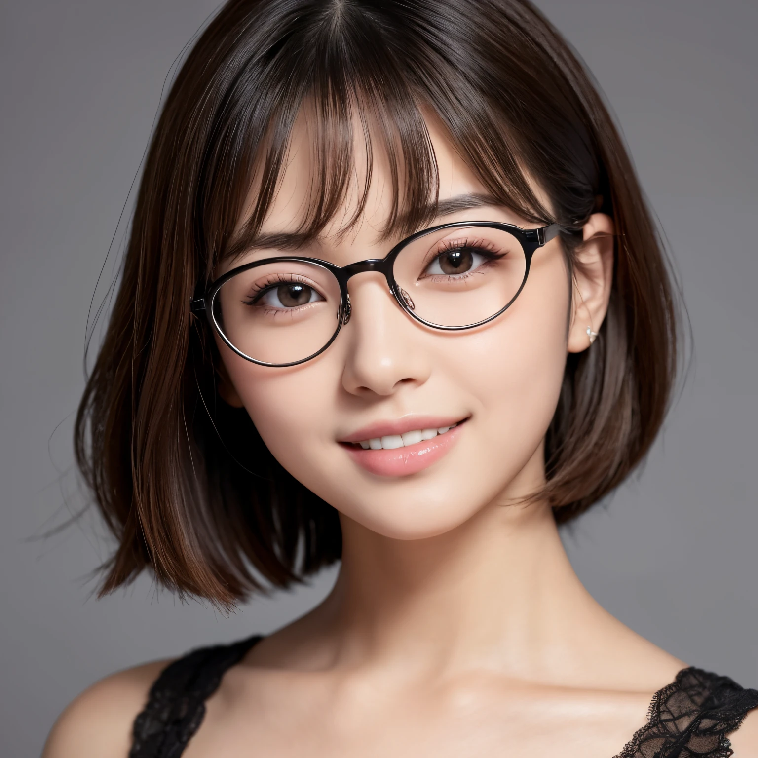 Best-quality, Masterpiece, Ultra-High-Resolution, (Photorealistic:1.4), Raw-Photo, Extremely-Details, Perfect-Anatomy, 1girl, 18-years-old, most popular Japanese idol, portrait, face focus, innocent smile, extremely cute childish face, extremely beautiful big black solid circle eyes, extremely beautiful blonde short cut haired, extremely beautiful realistic skins, extremely beautiful lips, extremely beautiful long eyelashes, extremely beautiful teeth, wearing cute designed glasses, detailed glasses