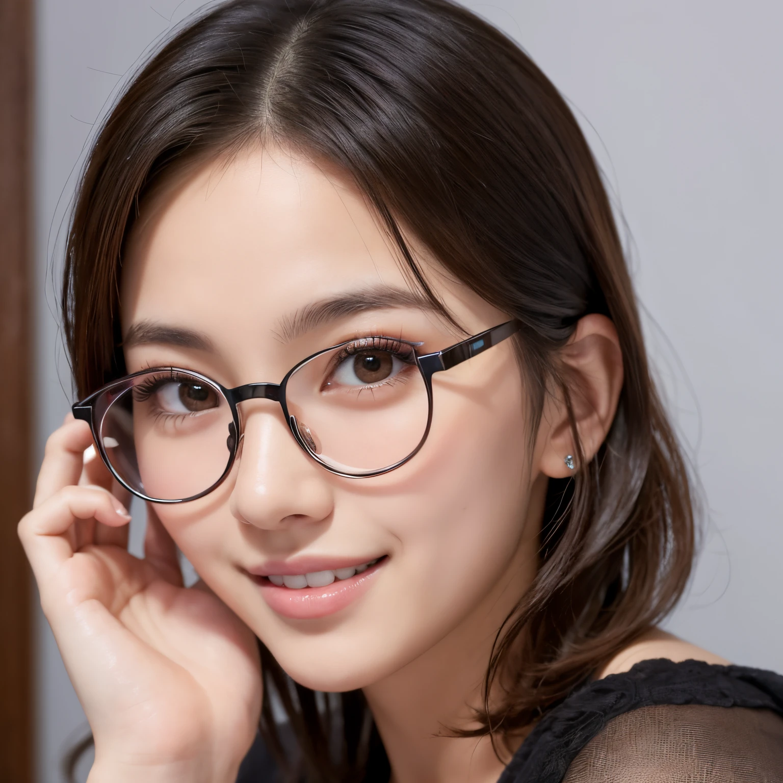 Best-quality, Masterpiece, Ultra-High-Resolution, (Photorealistic:1.4), Raw-Photo, Extremely-Details, Perfect-Anatomy, 1girl, 18-years-old, most popular Japanese idol, portrait, face focus, innocent smile, extremely cute childish face, extremely beautiful big black solid circle eyes, extremely beautiful blonde short cut haired, extremely beautiful realistic skins, extremely beautiful lips, extremely beautiful long eyelashes, extremely beautiful teeth, wearing cute designed glasses, detailed glasses