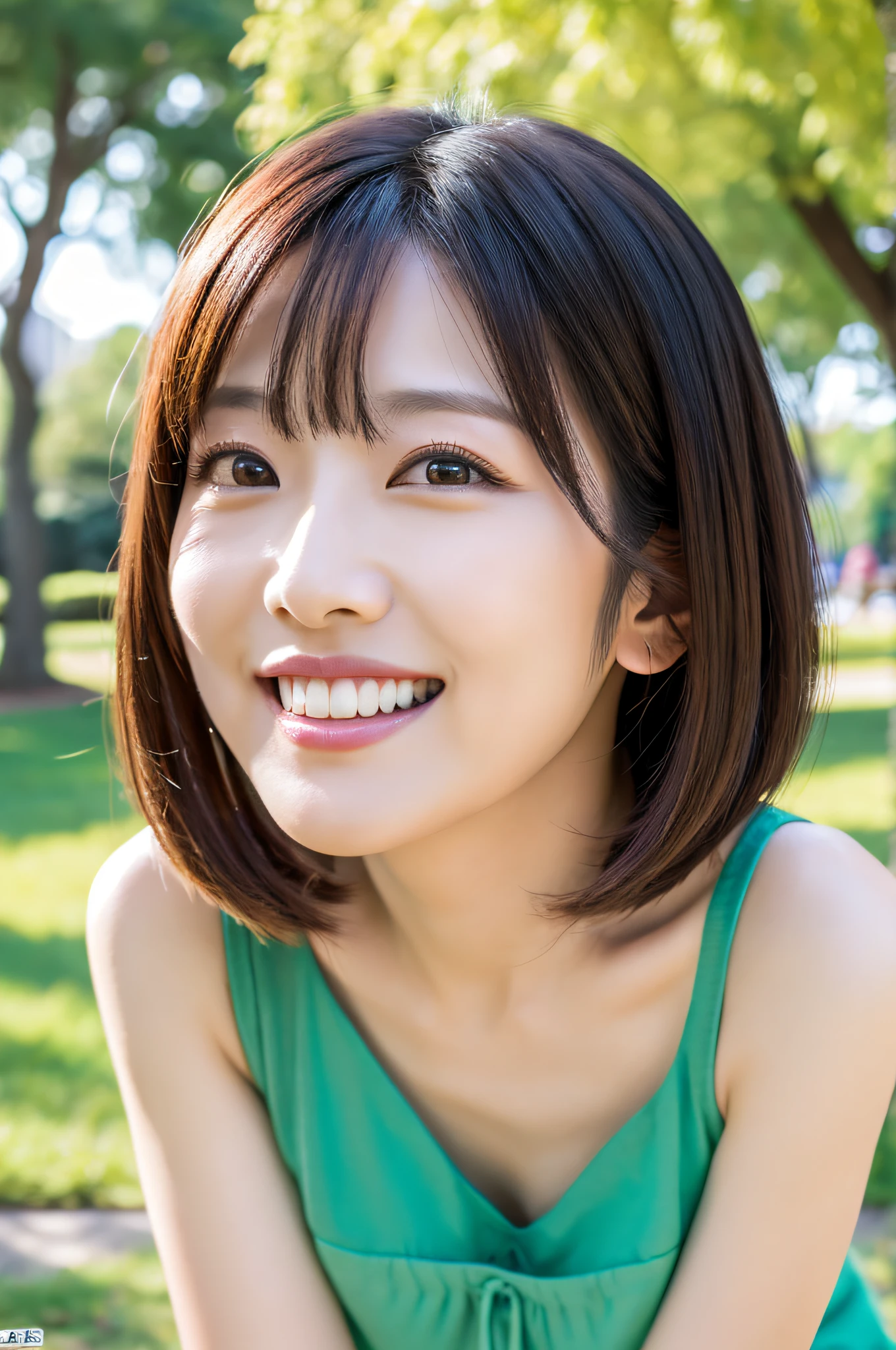 Highest resolution, 4K, Masterpiece: 1.3), A Japanese milf, Sexy: 1.1, fine eyes, Slender figure, Realistic teeth, double eyelids, smile, full body, best quality, detailed, beauty, a married woman, at the park, talk with a friend
