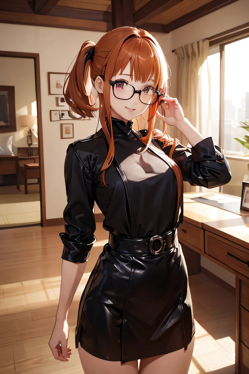 ((Marl)、inside in room、lightly dressed、Valley、full body Esbian、Beautiful legs)、（futaba sakura、orange color hair、Black-rimmed glasses、piece）、1girl in、​master piece、japanaese girl、absurderes、hight resolution、ultra-detailliert、depth of fields、​masterpiece、extremely details CG、3D Photography、3D background、Unity、8K、Hi-Res、top-quality、shadowy、foco nítido、pale-skinned、A detailed eye、blurry backround、dynamic ungle、Exaggeration of gloss、best super feat、a closed mouth、Look at viewers、cute smile face、Red cheeks、Beautiful woman painting by Naoyamae&#39;painting of a、superclear