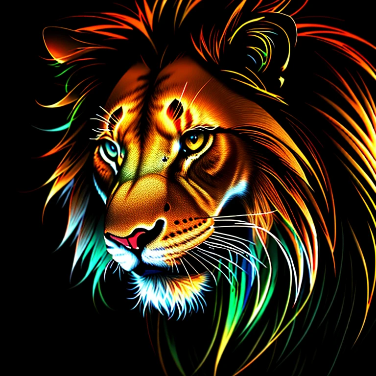 swirling vortexes, a lion , grace, dignified, integrity, holiness, brave heart, fang, neon gradation lighting, professional art work, ultra quality, associate graphic illustration, heat haze mist, (soft smooth long fur:1.2), through the darkness, clear eyes, blowing wild, demon of war, broken glass dripping background intricate detail,