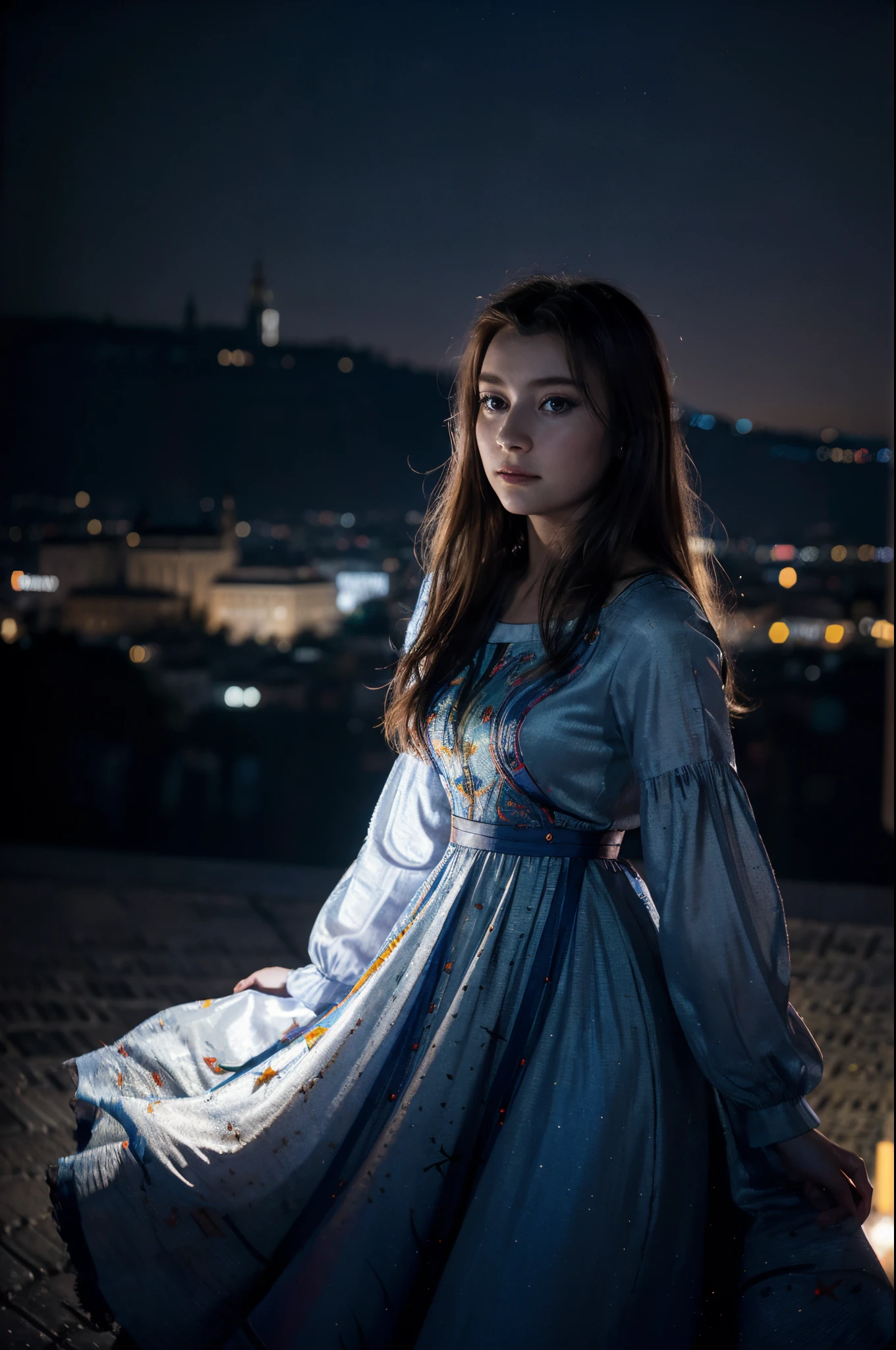 1girl, 20 years old, a beautiful girl ((looking at the night sky)), wearing an elegant and long dress, firework, a flame embroidered in the night sky, windy, prague, castle seen in the background, movie scene, cinematic light, very dark scene, (anamorphic lens bokeh: 1.4), composition from below, (la la land: 1.5)