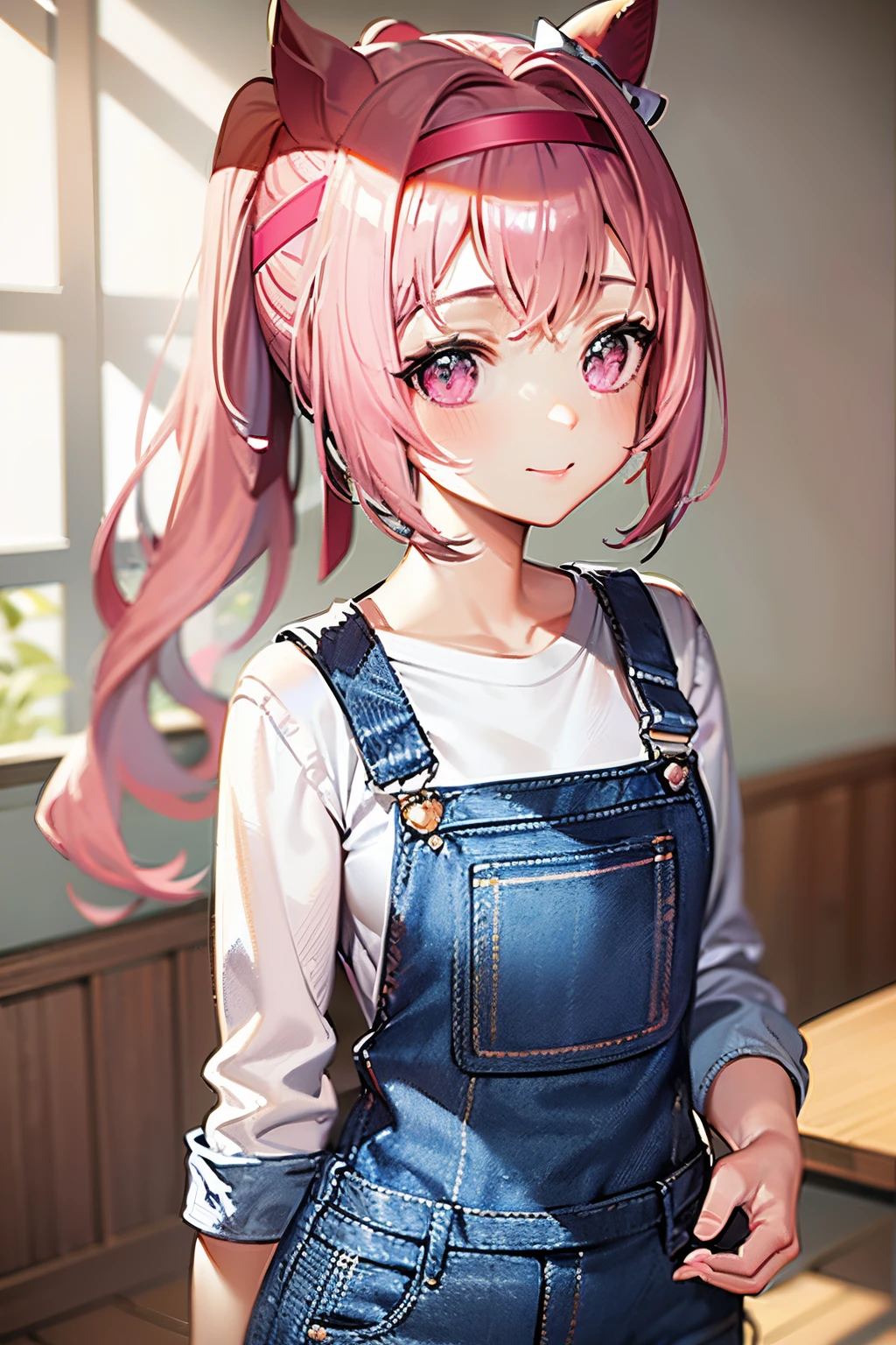 masuter piece, Best Quality, 超A high resolution, top-quality, Anime style, The best lighting, Beautiful face, Pink hair, Energetic girl, Looking at Viewer, Portrait, pink horse tail, Smiling cheerfully, (background at room:1.2), The best lighting, The best smile, Face Close-up, (1girll:1.3), (Cute white shirt:1.4), (blue denim overalls:1.4), Attach the headband