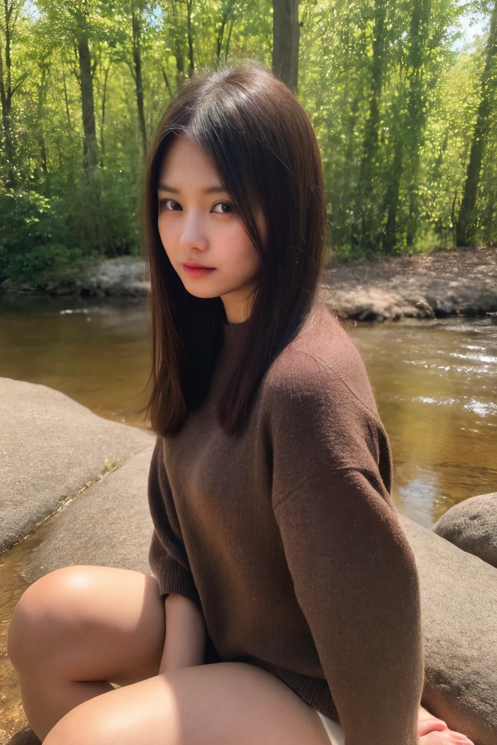 (((hyper realistic face)))(((extreme realistic skin detail))) (face with detailed shadowasterpiece, highest quality), (realistic, photo_realistic:1.9), ((Photoshoot))) Subject: A beautiful dark-haired woman, light brown eyes, light brown hair, intense red lips, wearing black denim shorts and a white sweater, sitting on a stone at the edge of a stream in the middle of a forest. Shot: Full-body wide shot. Camera: Canon EOS R6. Lens: Telephoto 70-200mm. Lighting: Natural light. sharp focus, 8k, UHD, high quality, frowning, intricate detailed, highly detailed, hyper-realistic,