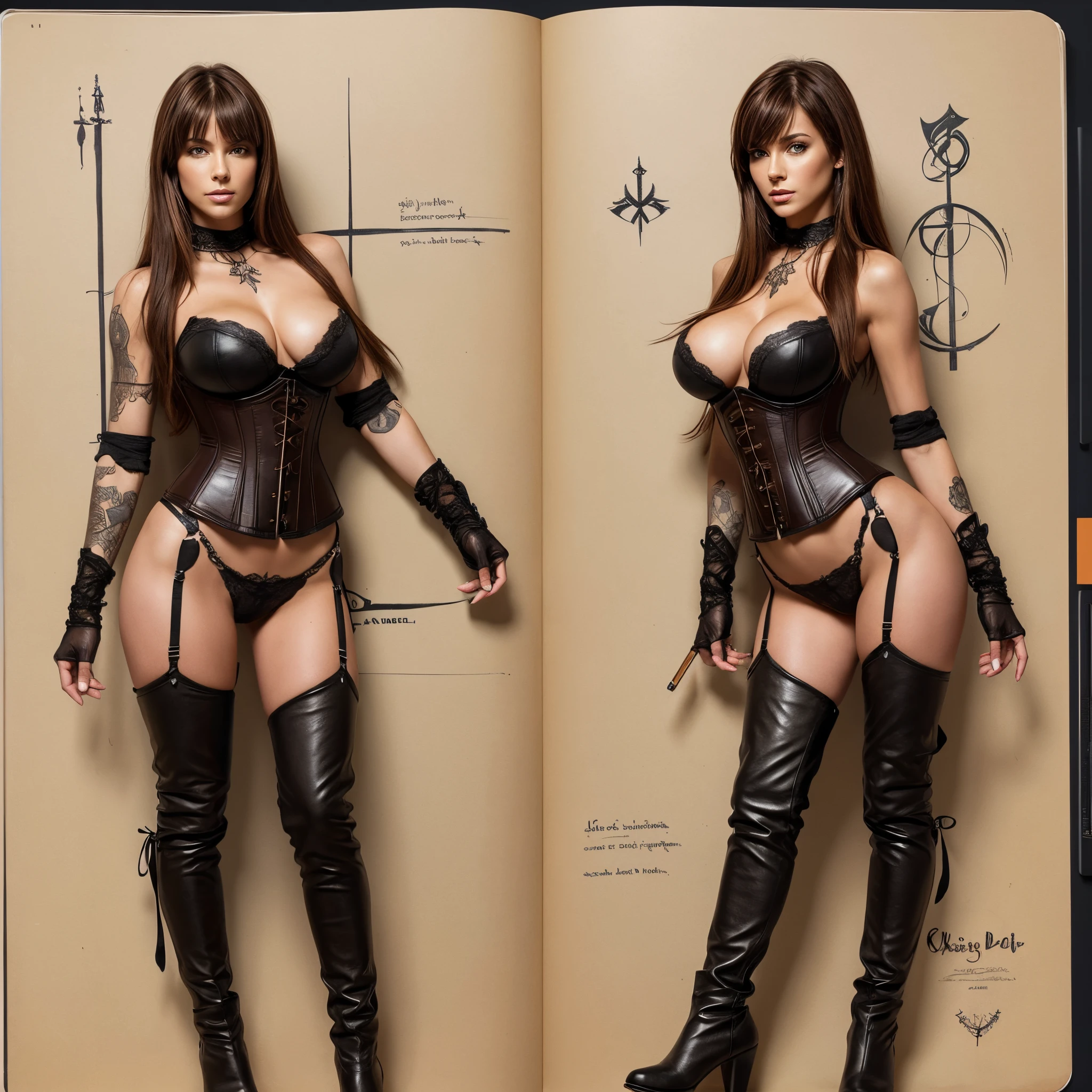 Sketchbook Style Sketch book hand drawn dark gritty realistic sketch Rough sketch mix of bold dark lines and loose lines bold lines on paper turnaround character sheet a stunningly beautiful Amazon Woman slim body leather and lace corset brown red floating hair bangs Full body arcane symbols runes dark theme Perfect composition golden ratio masterpiece best quality 4k sharp focus. Better hand perfect anatomy. by With Design In Mind, Full body, Standing, Big ass, Green eyes