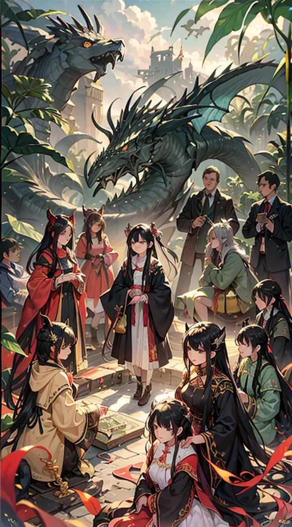 A girl dressed in fairy style,surrounded by dragons,girl looks calm,The road flows around you