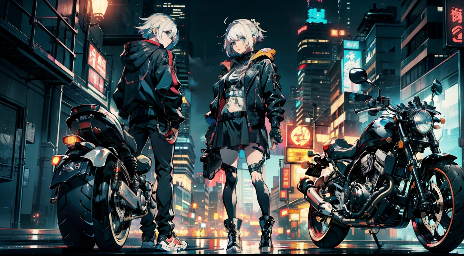 cyberpunked、girl with、mechanic、comical、Anime style、white hair、motor bikes、Rider Jacket、punk coloring、sity、nightcity、A woman whose body was turned into a machine、group