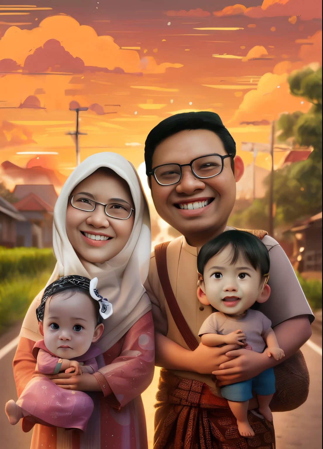 there are two people holding two children on a road, an indonesian family portrait, happy family, realism artstyle, cartoon artstyle, in cartoon style, with sunset, cartoon digital art, caricature illustration, realistic cartoon, realistic portrait photo, cartoon digital painting, foto realistic, cartoon art, barong family, cartoon art style, photorealistic!!!!!!! art style, digital art cartoon