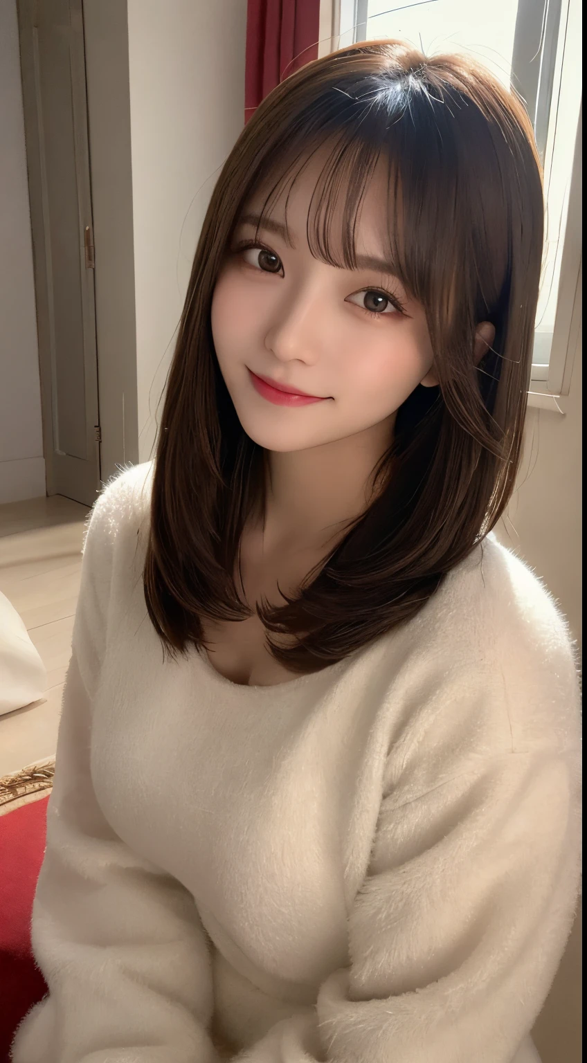 masutepiece, Best Quality, Illustration, Ultra-detailed, finely detail, hight resolution, 8K Wallpaper, Perfect dynamic composition, Beautiful detailed eyes, fluffy winter clothes,straight haired,small tits、Natural Color Lip, Bold sexy poses,Smile,luxury house room、20 years girl、Cute、Sexy shot looking at camera,Ultra-realistic raw photos,Night outside