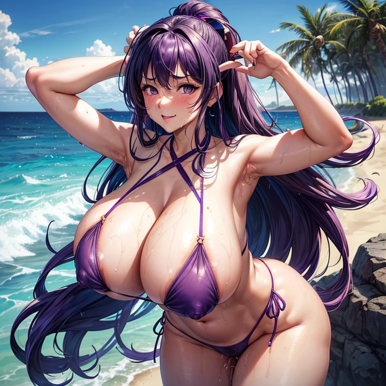 HI res, masterpiece, 8k, nsfw, (isami kaede | blue Archive), (gigantic tits and erected nipples: 1.6), (dense dark purple pubic hair: 1.6), (erotic white halter string micro bikini: 1.4), sweating, wet vagina, innocent face, aroused face, reddenend face, heavy panting face, palm beach, day, standing in a sexy pose near the ocean, (she has some love juice puor from her vagina: 1.3),