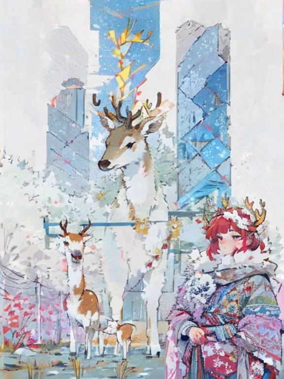 Point, line, surface combination,In the middle of the picture the head of a sacred deer with red streamers wrapped around its antlers.,The background a blue barbed wire fence with the light from the street lights above the deer#39;s head.