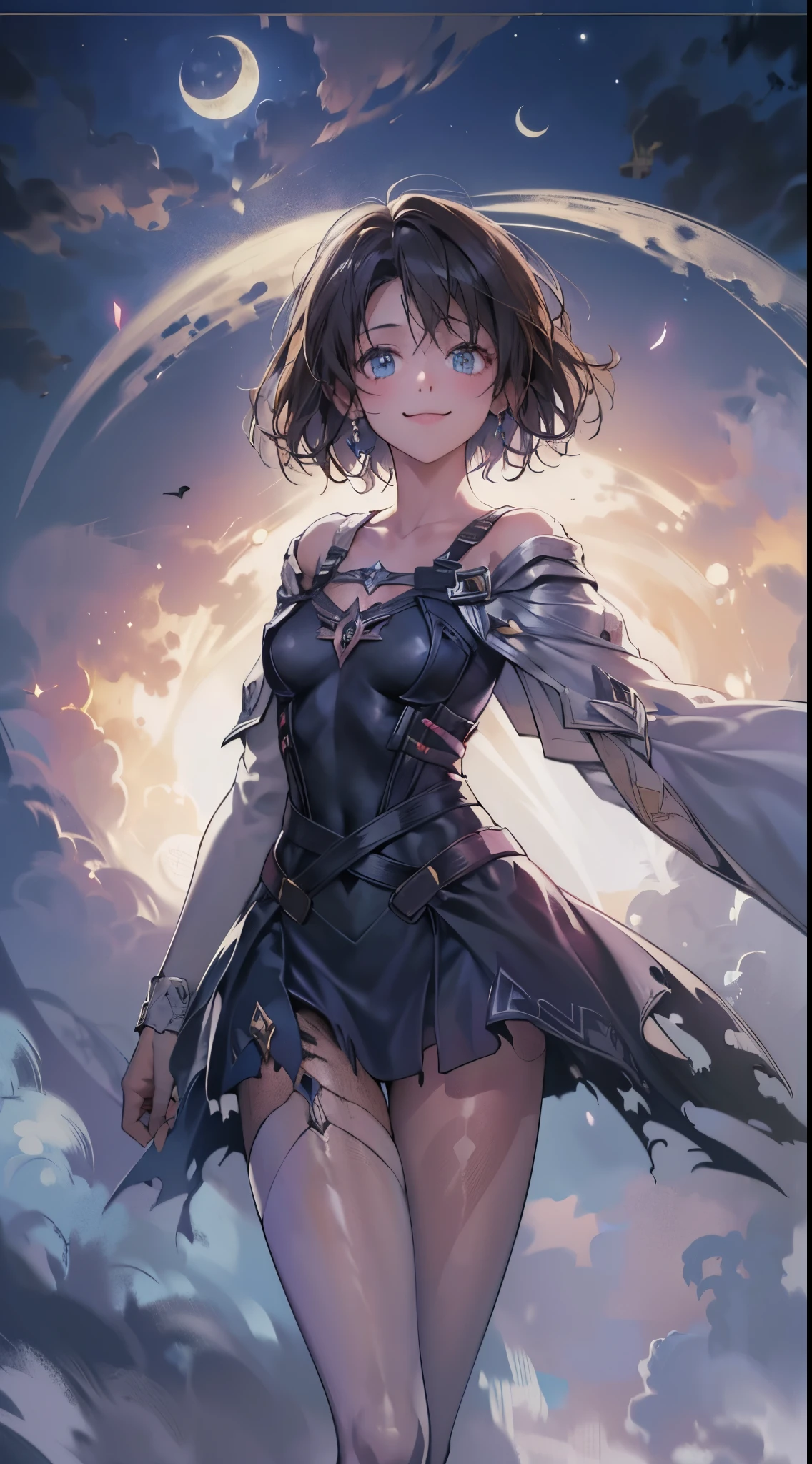 One lady,12year old,(() ,((())), (()), (())((I'm opening my mouth)),((micro skirt, bodysuit and short cloak))(A smile),,(A dark-haired,),((Fantasy,Moon Night))((Clothes are torn))