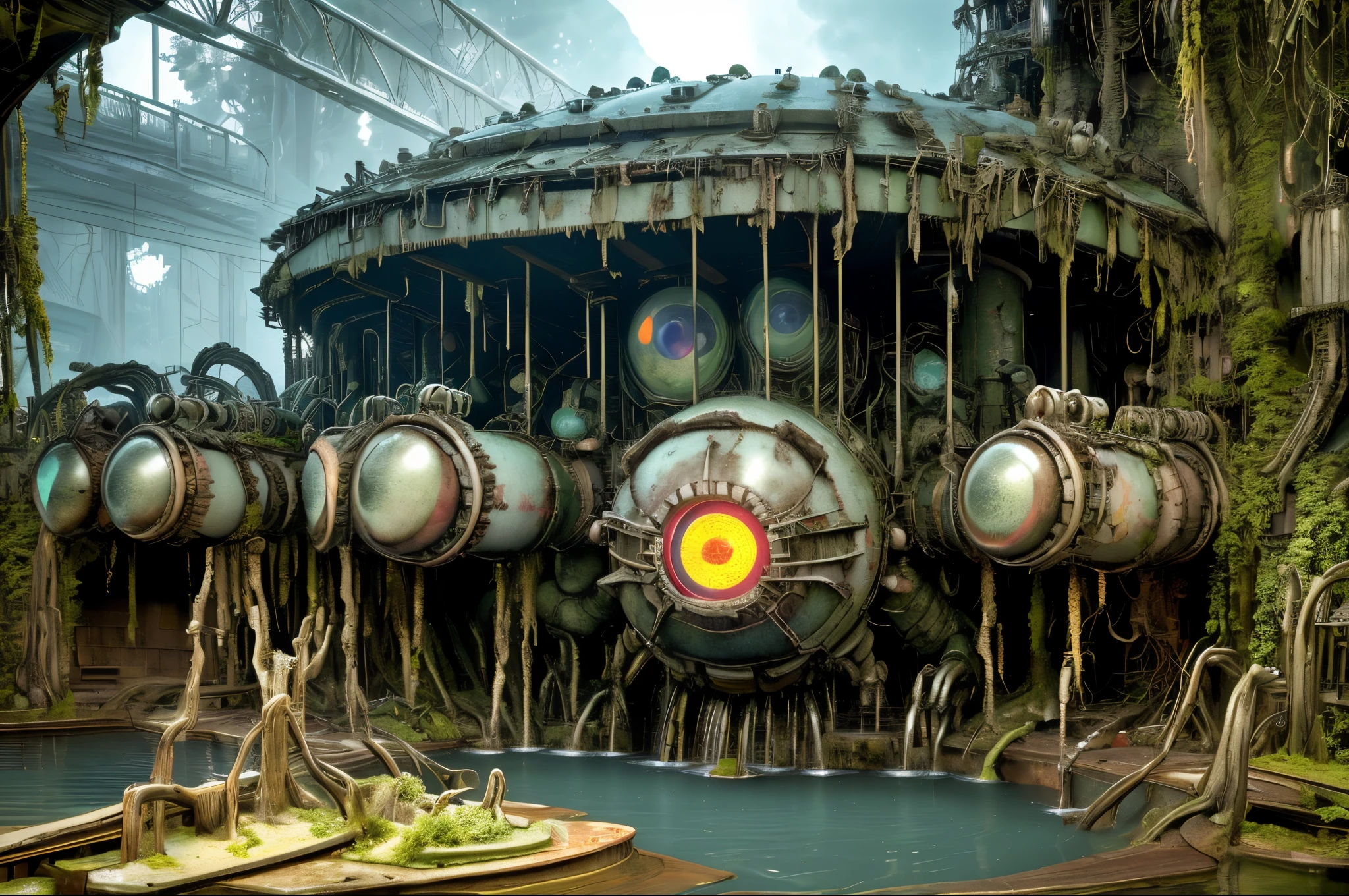 wide shot, (mascot:1.2), partially submerged, animatronic, exposed circuitry, glowing eyes, red eyes, delapidated, eroded, murky, submechanophobia, lake, bog, swamp, massive, amusement park, water park, outside, evening, haze,(hyperrealistic, ultradetailed, photorealism:1.4), intricate,lots of tiny little details, masterpiece, dof, hdr, f/2.8, 55mm