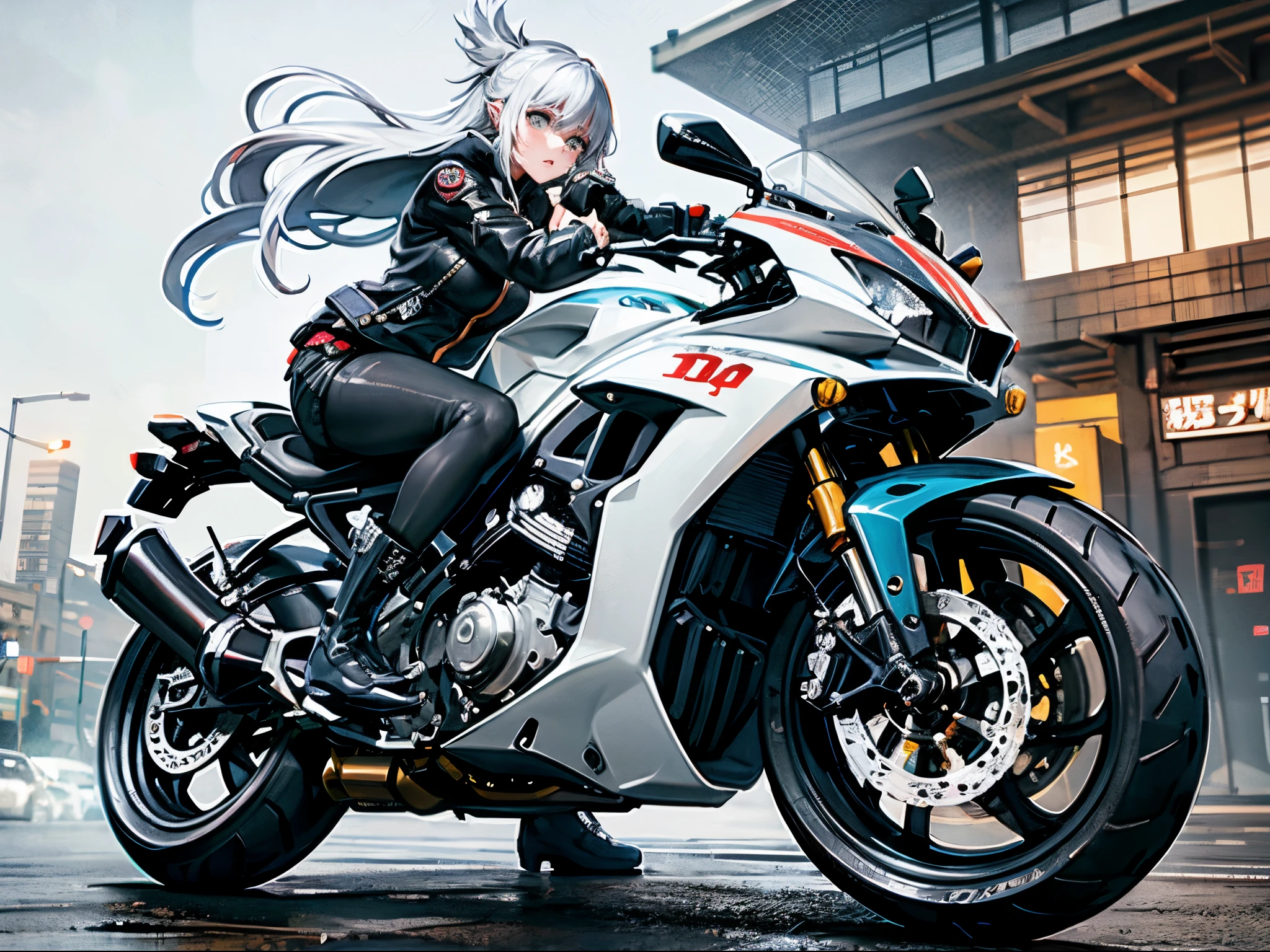 cyberpunked、girl with２a person、mechanic、comical、Anime style、white  hair、motor bikes、leather jackets、punk coloring、sity、nightcity、Street、doodle、parka、Mature、Tall Woman、Military、long boots、natta、Twosome、teammate