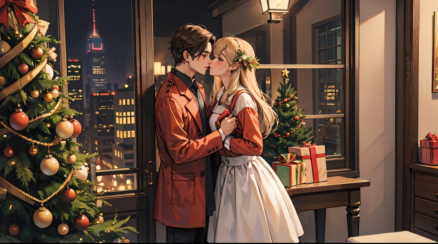 a man  and  a woman  kissing in  a window , with  a Christmas tree  and presents in the background.