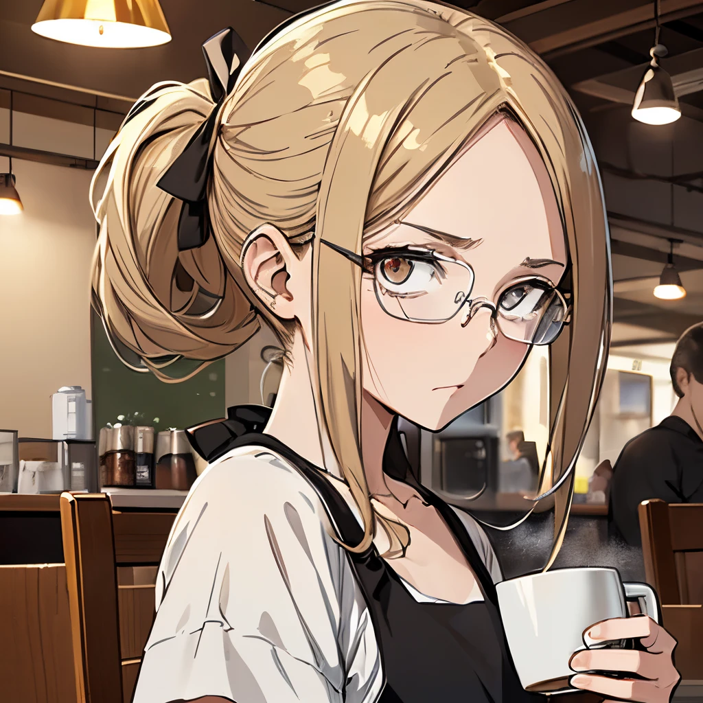 ⓪Action： Drinking coffee, (coffee mug:1.4), Holding a mug in your hand, ①Quality：(Ultra-detailed:1.3), masutepiece, 8K, extremely details CG, (1 girl), Perfect hands:1.2), (Perfect Anatomy:1.2), (Beautiful face: 1.1), The specifics of the complex iris, fascinating eye reflection, Glowing highlights of the eyes, Depth and three-dimensionality of pupils, Subtle color changes in the iris, Particular eyelash details,　Depth and three-dimensionality of pupils, ②Lighting：Brightening light, Moody lighting, Nature lighting, Best Illumination, ③ part: (flat chest: 1.4), Floating hair, Detailed face, Detailed eyes, Shiny hair, ④Style: Animation, Illustration, ⑤Subject： (Low Ponytail hair:1.3), (Blonde hair, Straight hair, Long hair,Hair in the middle, Black eyes, Sanpaku eyes ), ⑥Environment： cafes,kitchin,a bar counter , ⑦Construction：Upper body, (closeup view: 1.3), Looking at Viewer, Very Wide Shot, From below, ⑧Costume : (Cafe Apron: 1.3), (Glasses:1.5), ⑨Others：(Slender body、small head、Seven-headed body), Wear an apron over a T-shirt,