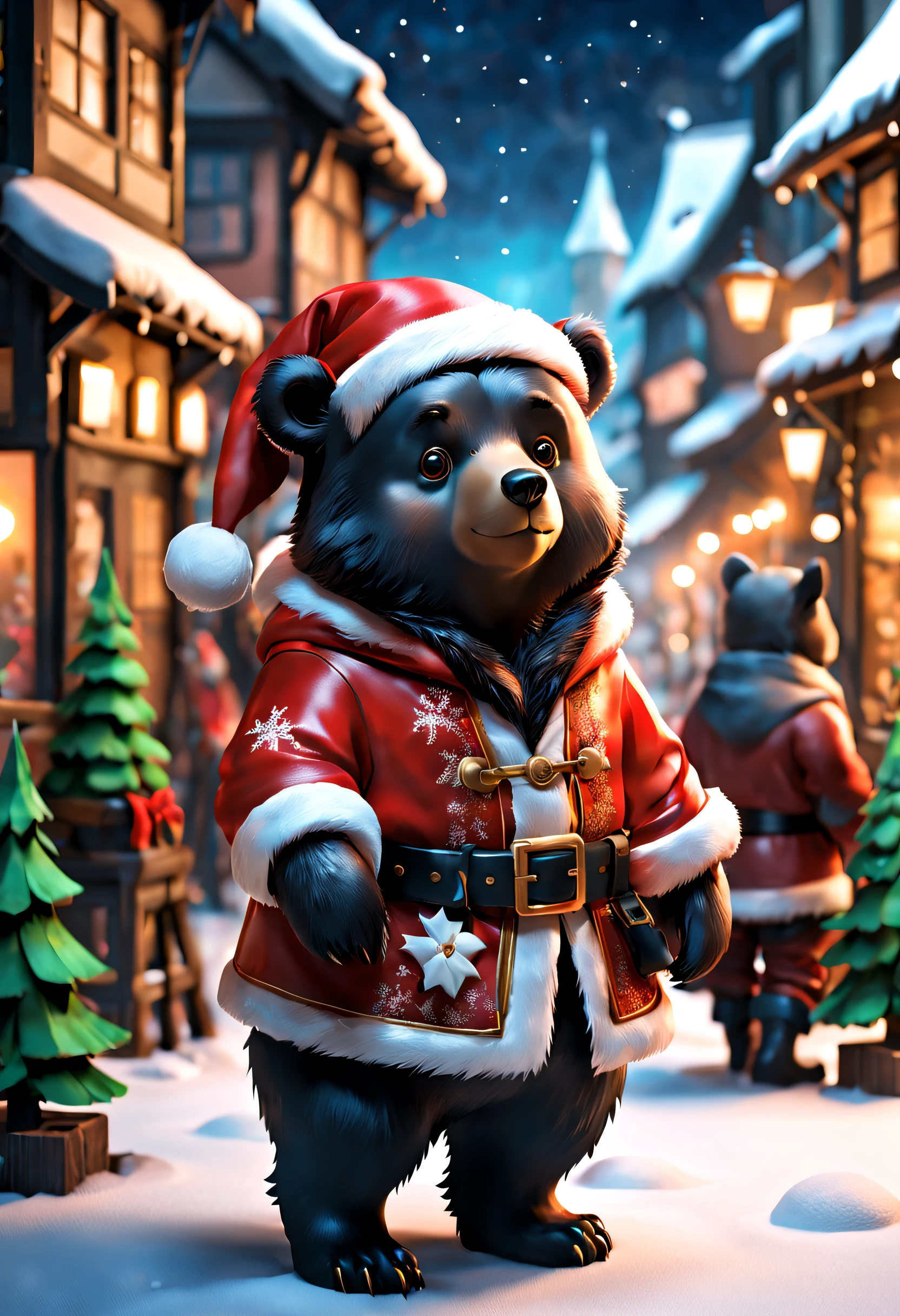full body Esbian、cool male black bear 、Pop male black bear、santa claus black bear、cute little、Deformed animals、diorama、symple background、Santa Claus clothes、Christmas、Snowy city、masterpiece, Best Quality, Capture super cute moments, depth of fields, ultra-detailliert, Ultra High Resolution, Octadale, 8K, 16 K
