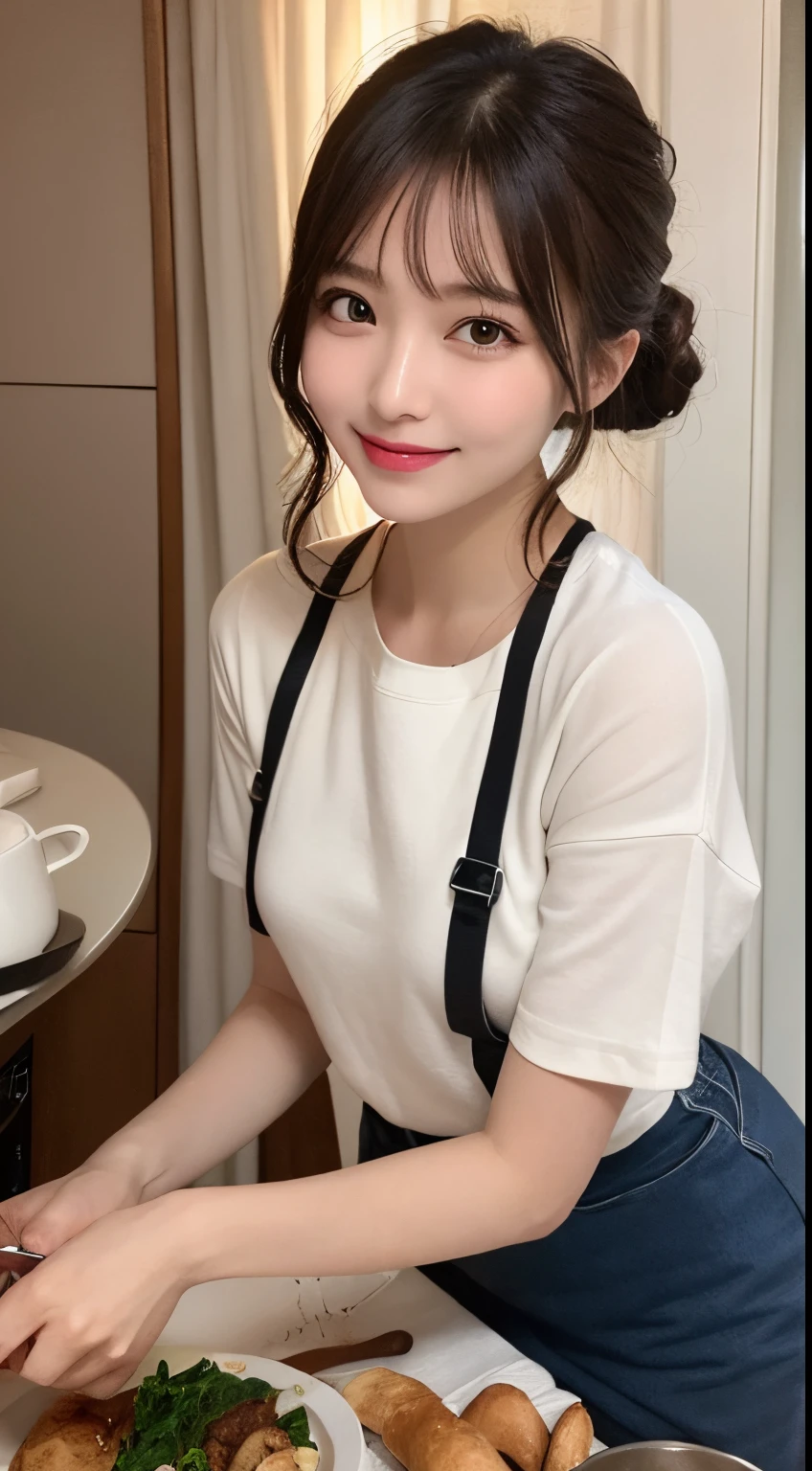 masutepiece, Best Quality, Illustration, Ultra-detailed, finely detail, hight resolution, 8K Wallpaper, Perfect dynamic composition, Beautiful detailed eyes, Women's Fashion Winterwear,small tits,Natural Color Lip, kawaii pose,Smile,luxury house room、20 years girl、Cooking for the camera,Home,Perfect and beautiful face