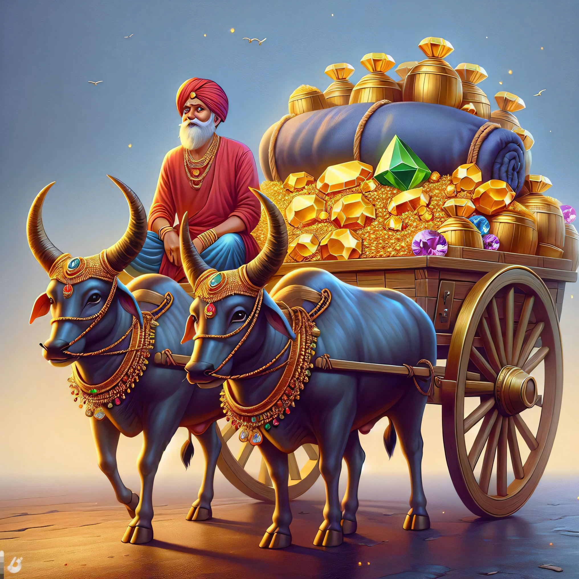 there a man riding on a cart with two oxen, gold and treasure, by Saurabh Jethani, flaunting his wealth, looming over a horde of gold, by John La Gatta, no gold colours, god of wealth, an epic majestical degen trader, gems and gold, fleeing merchants, by Daryush Shokof, by Drew Tucker