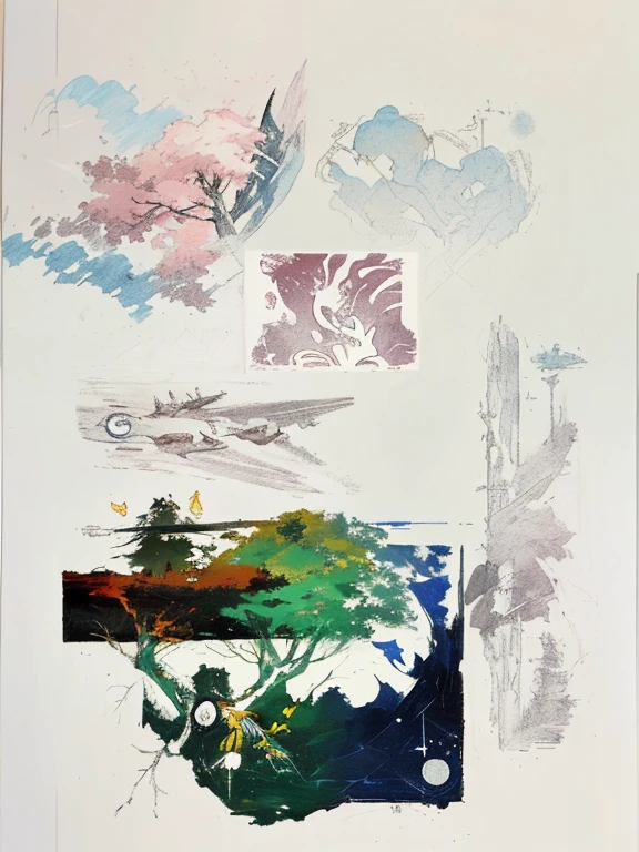 This  a collage，Need to recreate、The newly created painting needs to have some lines and planes、color pair、Light and dark pairs，There are various shapes here，These shapes should be combined into the shape of a big tree，Draw these as contents on a tree