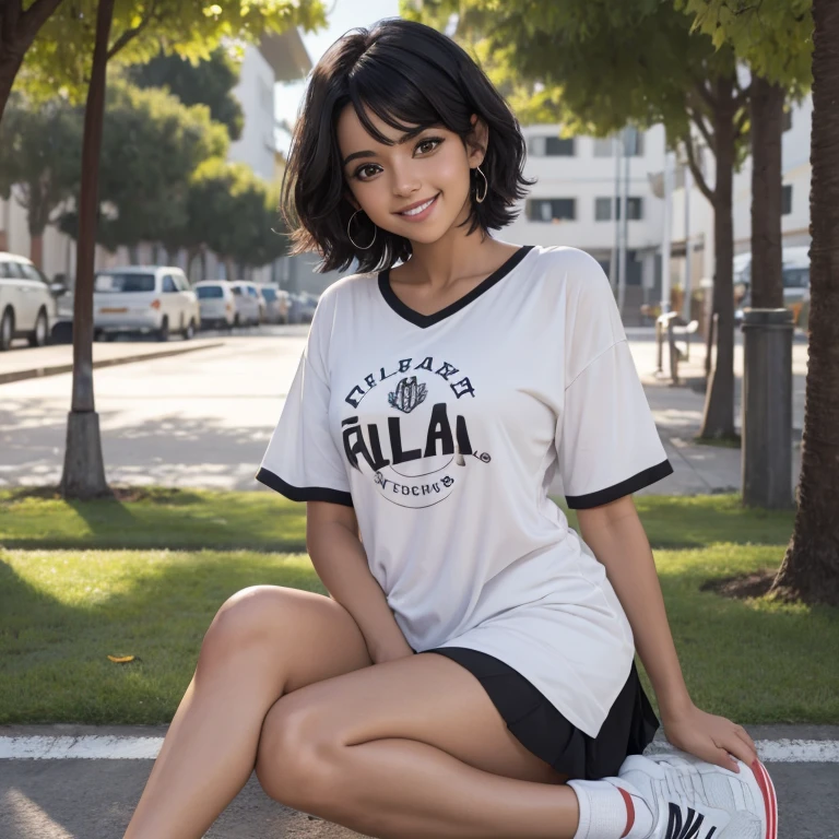 hemosa chica adolesente , piel morena , 15 years ,una mujer joven con cabello corto ????? , cabello corto hasta los hombros, ojos brillantes, pelo corto hasta los hombros, ella esta sola en la plaza, Es de noche, pecas en mejillas , usa una playera blanca de manga corta , playera blanca con imagen de estrella , falda negra , linda falda negra  , calcetas blancas , tenis verdes , linda sonrisa , maquillaje ,con una gran cantidad de detalles, Best Cinematography, obra maestra, luz cinematografica, sonriente, feliz, cuerpo completo , fuera de escuela
