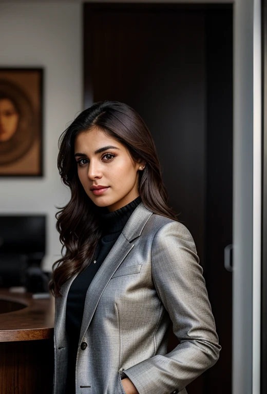 Mature woman, 23 years old, brown hair, Indian woman, full body in picture, multiple views, zoom out, serious, beautiful, cool, realistic hair, eyes, discreet pose, indian eyes, medium construction, medium round ass, medium long coat, beautiful clothes, cute black suit, modern office, bar on cover, masterpiece, ultra high res, (photorealistic: 1.4), raw photo, ultra realistic, detailed background, refined, detailed, realistic face, detailed face, realistic skin, (RAW photo, best quality), extremely detailed, CG, unit, amazing, fine details, light smile, extremely detailed CG 8k wallpaper unit, huge file size, ultra-detailed, highres, absurdres, soft light, half body, photo without background
