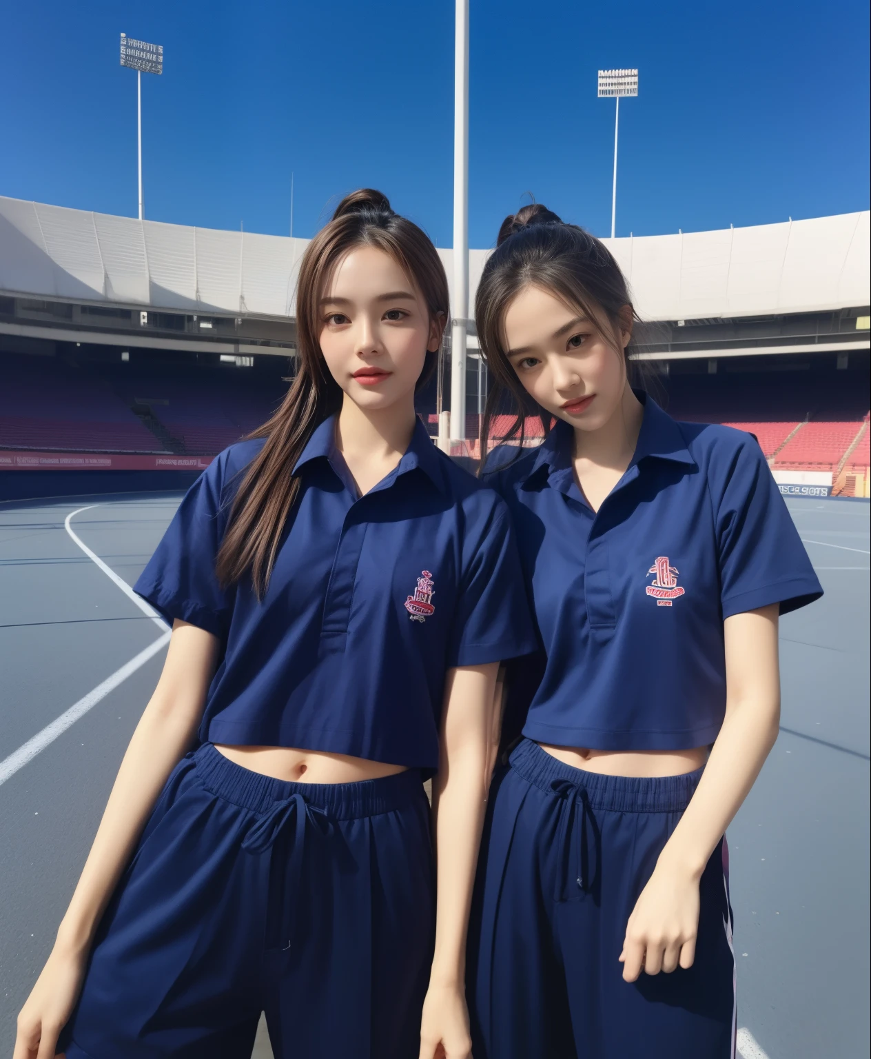 (bestquality,10,10,highres,masterpiece:1.2),ultra-detail,(Realistic,photorealistic portrait,photo-realistic:1.37),1 Cute girl in the football field,oily shiny skin,bara,light smile,BDclothelue shirt:1.3)),short sleeves,shirt, trousers.,(navy_long_Pants Track:1.1), ((Stadium Background:1.3)),dynamic angle,excited,face focus,Dynamic Poses,from behide,Ass Focus,masterpiece, bestquality, ultra realistic, hyper-detail, 8k resolution, RAW photo, crisp focus, ((Navy blue shirt:1.1)), short sleeves, Long Path, Perfect body, 2 mature women, 18yo, cinematic light,Blue sweatpants,Gymware,Correct anatomy,Complete body, Correct body, sharp face, Anatomically correct body, full entire body, Realistic gestures, long-haired, Realistic poses,Wear long shorts..................................,Long leg span,Shapely,Sculpting Girl, Slender Figure, mannequin mannequins, Shapely, Beautiful body,Blue sweatpants, Two girls kissing