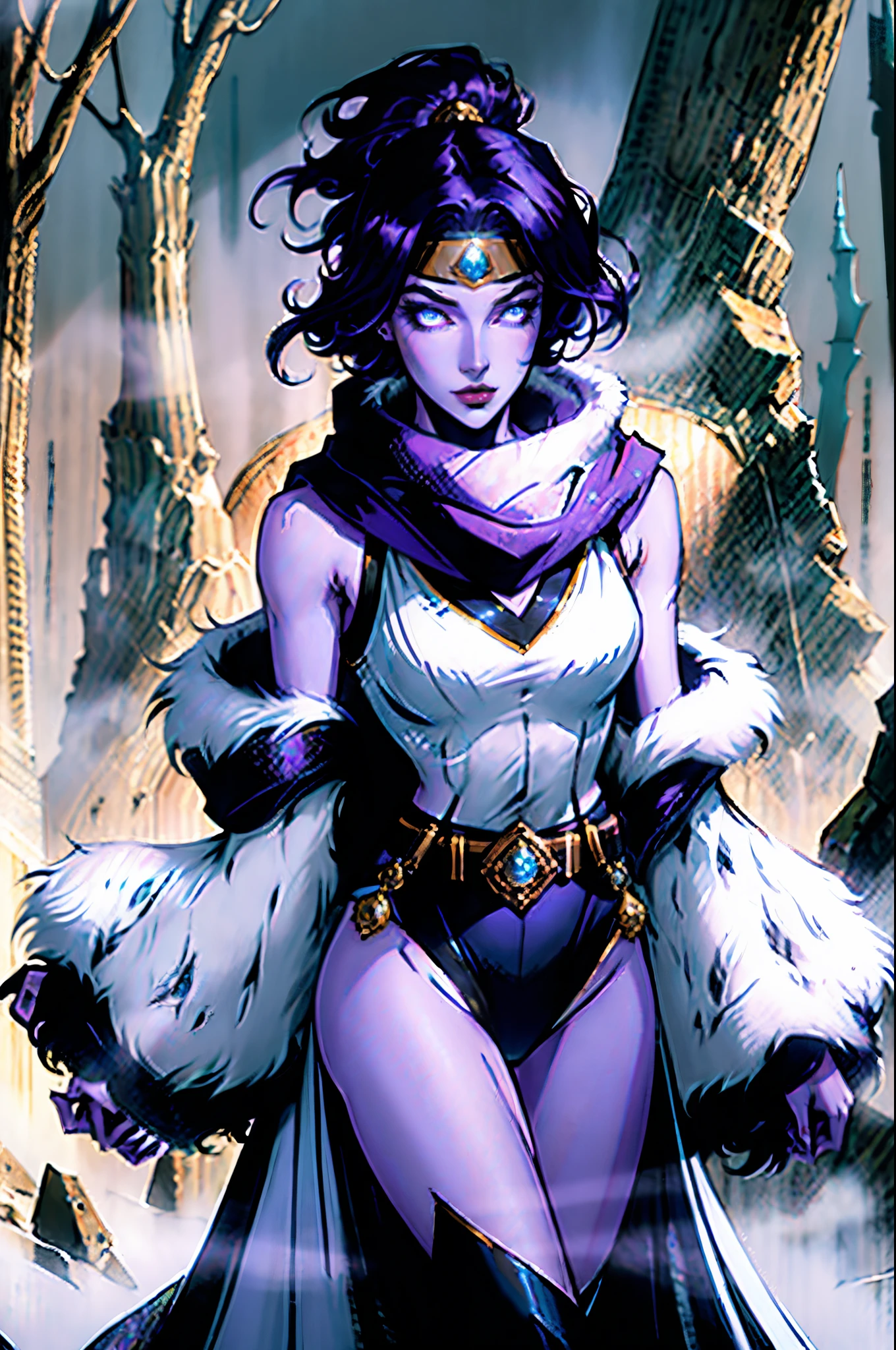 A beautiful woman, short purple hair, long bangs covering her left eye, a headband on her forehead, an exquisite and charming face, a mysterious gaze, a faint smile, draped over her shoulders a thick fur scarf connected to sleeves made of the same fur, a fantasy-style bikini outfit, showcases her delicate and alluring figure, a fur belt around her waist, the background features a cracked giant stone in the wilderness emitting an eerie glow, this character embodies a finely crafted fantasy-style female villain in anime style, exquisite and mature manga art style, perfect body, perfect nose, goddess, femminine, high definition, best quality, highres, ultra-detailed, ultra-fine painting, extremely delicate, professional, anatomically correct, symmetrical face, extremely detailed eyes and face, high quality eyes, creativity, RAW photo, UHD, 8k, Natural light, cinematic lighting, masterpiece-anatomy-perfect, masterpiece:1.5