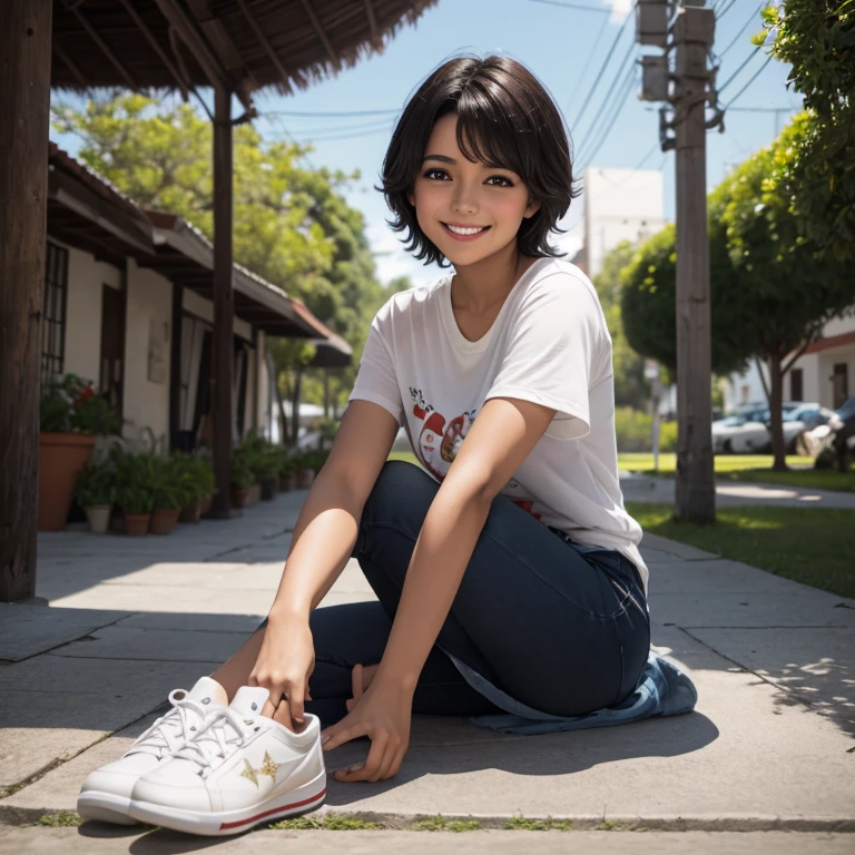 hemosa chica adolesente morena , hermosa chica latina, ,una mujer joven con cabello corto negro , cabello corto hasta los hombros, ojos verdes, pelo corto hasta los hombros, ella esta sola en la plaza, Es de noche, pevas en mejillas , usa una playera blanca de manga corta con imagen de estrella, plauera blanca con imahen de estrella , falda negra , linda falda negra , calcetas blancas , tenis verdes , linda sonrisa , maquillaje ,con una gran cantidad de detalles, Best Cinematography, obra maestra, luz cinematografica, sonriente, feliz, cuerpo completo , fuera de escuela