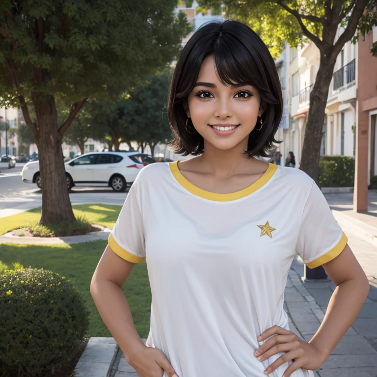 hemosa chica adolesente morena , hermosa chica latina, 15 years ,una mujer joven con cabello corto negro , cabello corto hasta los hombros, ojos verdes, pelo corto hasta los hombros, ella esta sola en la plaza, Es de noche, pevas en mejillas , usa una playera blanca de manga corta con imagen de estrella, plauera blanca con imahen de estrella , falda negra , linda falda negra  , calcetas blancas , tenis verdes , linda sonrisa , maquillaje ,con una gran cantidad de detalles, Best Cinematography, obra maestra, luz cinematografica, sonriente, feliz, cuerpo completo , fuera de escuela