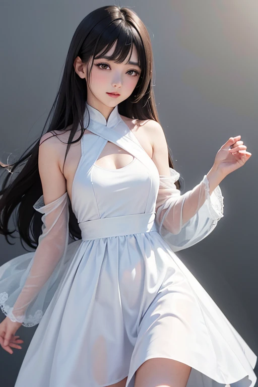 hight resolution、Semi-long black hair、Young features、18year old、White dress、