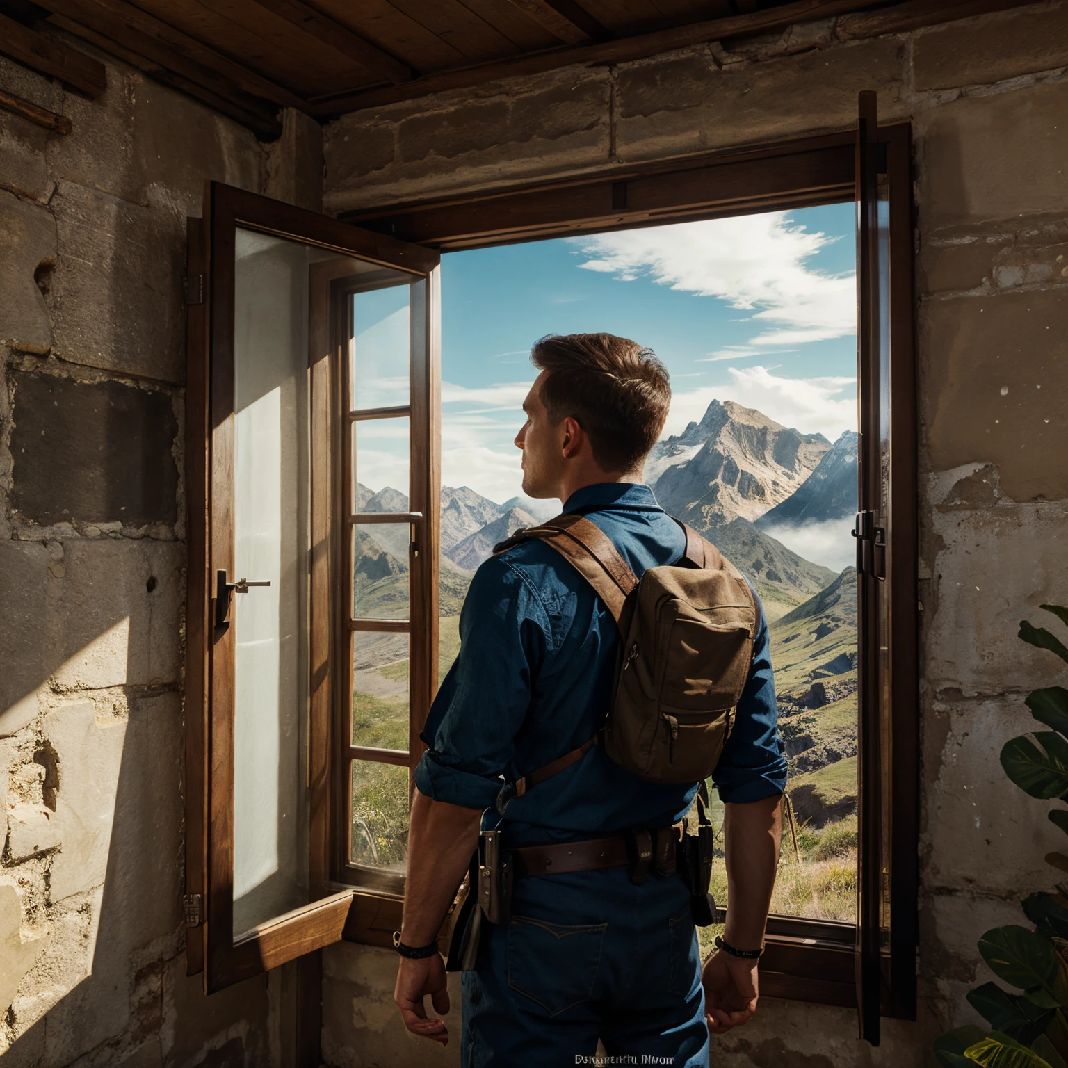 Explorer man watching from window, prehistoric beautiful scenery realistic illustration book cover design