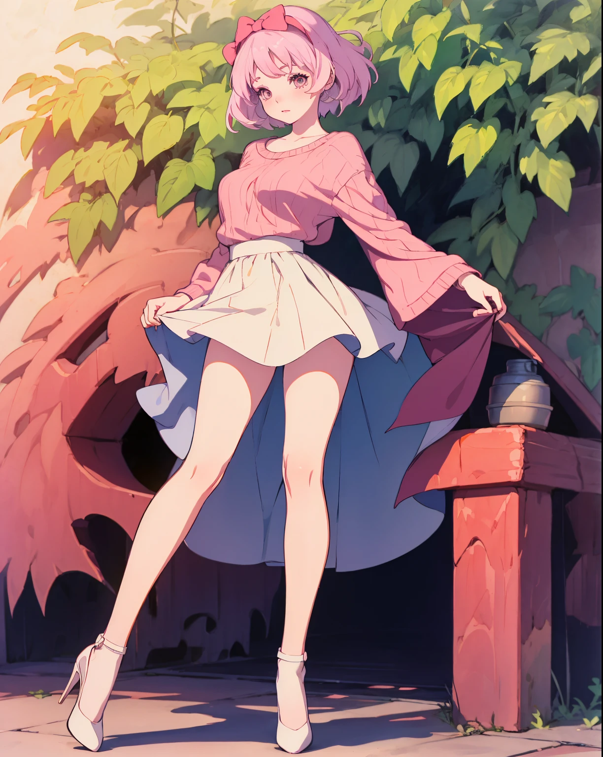 (masterpiece, best quality), (risograph) woman in a pink sweater, short skirt, maryjane heels with white socks, pink_hair_bow, with pale skin, 2 4 year old female model, black long hair, skinny waist and thick hips, young beautiful, pale fair skin!!, smooth pale skin, 1 8 yo, soft pale white skin