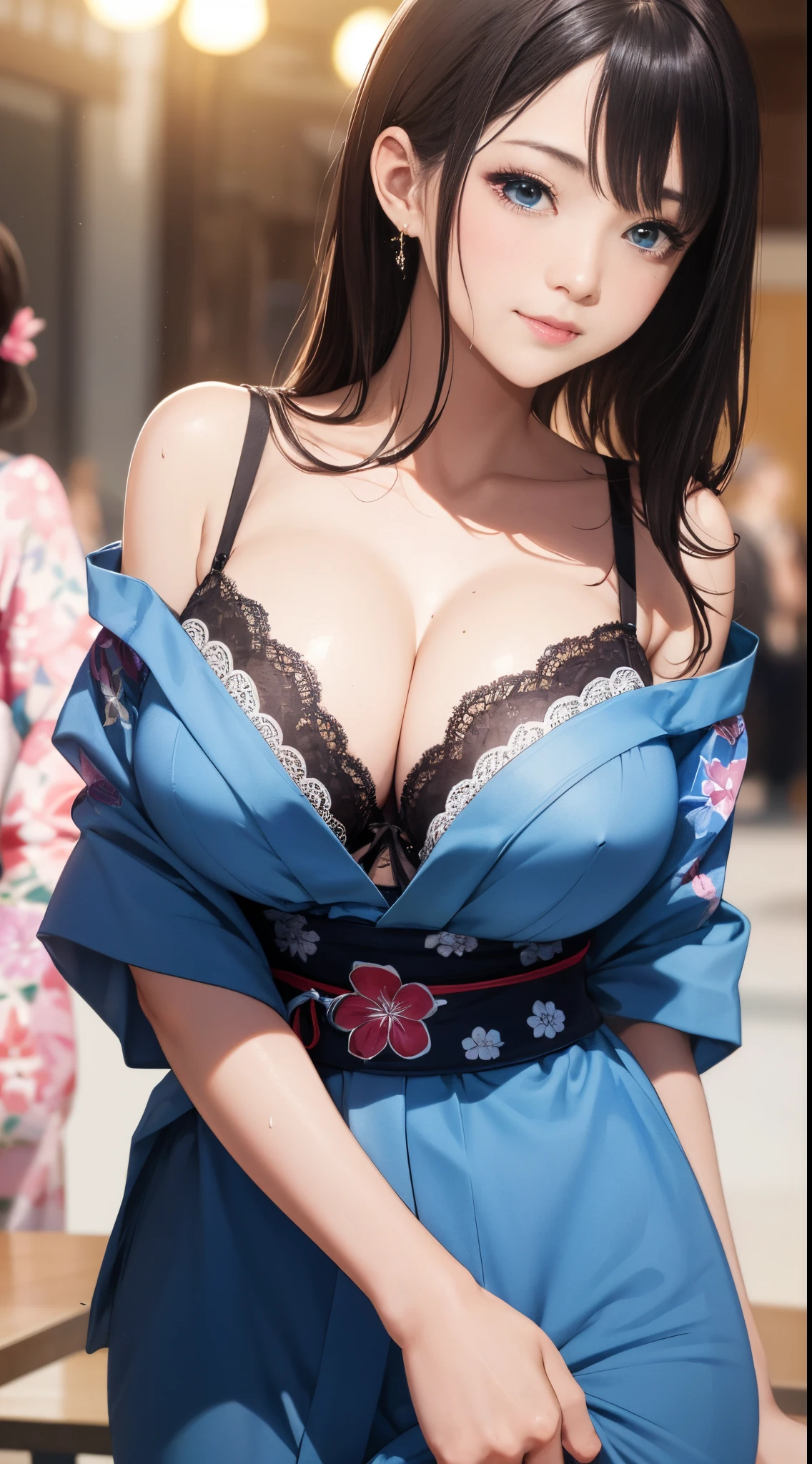 8K quality、top-quality、On a table、super high image quality、ultra - detailed、Ultra-realistic hair textures、vibrant with coloreutiful women、long beautiful hair、shinny hair、Delicate hair、blue mesh、pony tails、eBlue eyes、Skin glows、lace underwear big breasts、Diagram of mole on chest、large pecs、The chest  particularly large、Sweaty forehead and cheeks、the butt  large、Fluffy off-the-shoulder yukata、A smile、soft pink lips、Surreal sensibility、Reddening cheeks、summer festival background