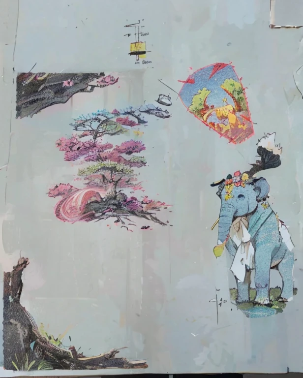 On the basis of the original picture，Use point, line and surface combination，Add content in front of the elephant&#39;s tusks in the picture，Add content below the tree root in the image，Continue to use ribbons to combine at the ribbon