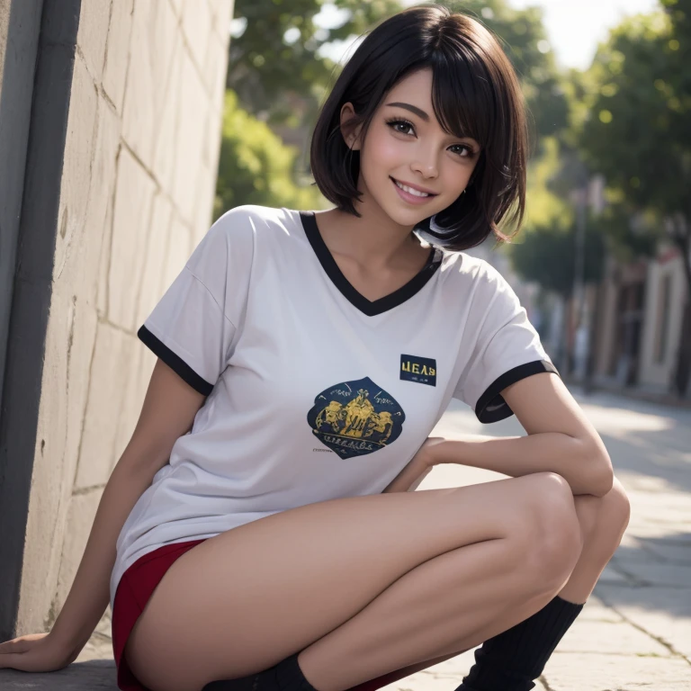 hemosa chica adolesente morena , hermosa chica latina, 15 years ,una mujer joven con cabello corto negro , cabello corto hasta los hombros, ojos verdes, pelo corto hasta los hombros, ella esta sola en la plaza, Es de noche, pevas en mejillas , usa una playera blanca de manga corta con imagen de estrella, plauera blanca con imahen de estrella , falda negra , linda falda negra , calcetas blancas , tenis verdes , linda sonrisa , maquillaje ,con una gran cantidad de detalles, Best Cinematography, obra maestra, luz cinematografica, sonriente, feliz, cuerpo completo , fuera de escuela