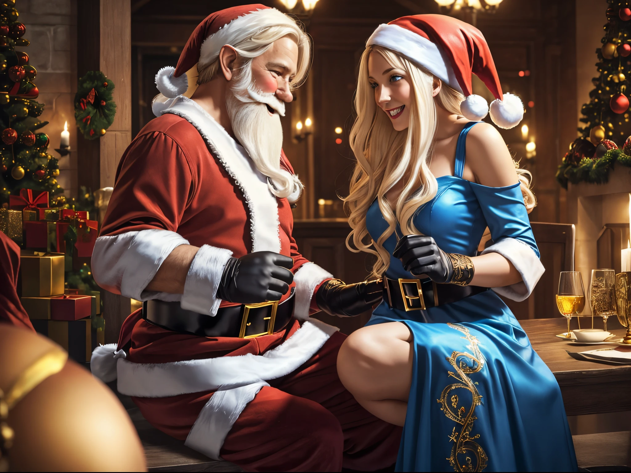 Generate an image of a lady wear red luxury santa head onament, ((braless)), luxury thong, luxury garter belt, luxury high heels, luxury boobs ornaments, luxury ring, luxury bracelet, luxury necklace, her hands holding a present, hugged from behind by old male santa clause who is wearing santa clause costume with with beard and moustache, his hand on her thighs, they sit near christmas tree inside a house with christmas decoration. An image of full body photoshoot, highclass model, ((show boobs)), ((show nipples)), show thighs, sexy belly, beautifull face, perfect hand, perfect fingers, perfect legas, masterpiece, best quality:1.2),(8k,highres,RAW photo,realistic,photo-realistic:1.3),(detailed skin texture,detailed cloth texture,beautiful detailed face:1.25),professional lighting,photon mapping,beautiful soft light,radiosity,physically-based rendering,raytracing, model shoot style, model shoot style, (extremely detailed CG unity 8k wallpaper), full shot body photo of the most beautiful artwork in the world,, (((NSFW)))