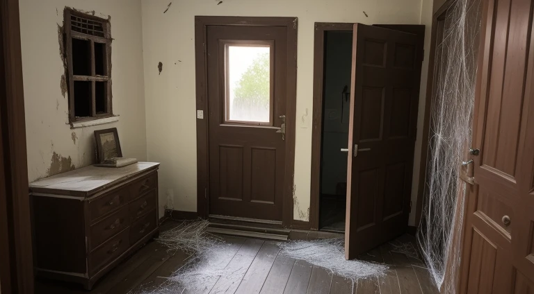 Describe Room 303, depicting the dilapidated wooden door and cobweb-covered scene