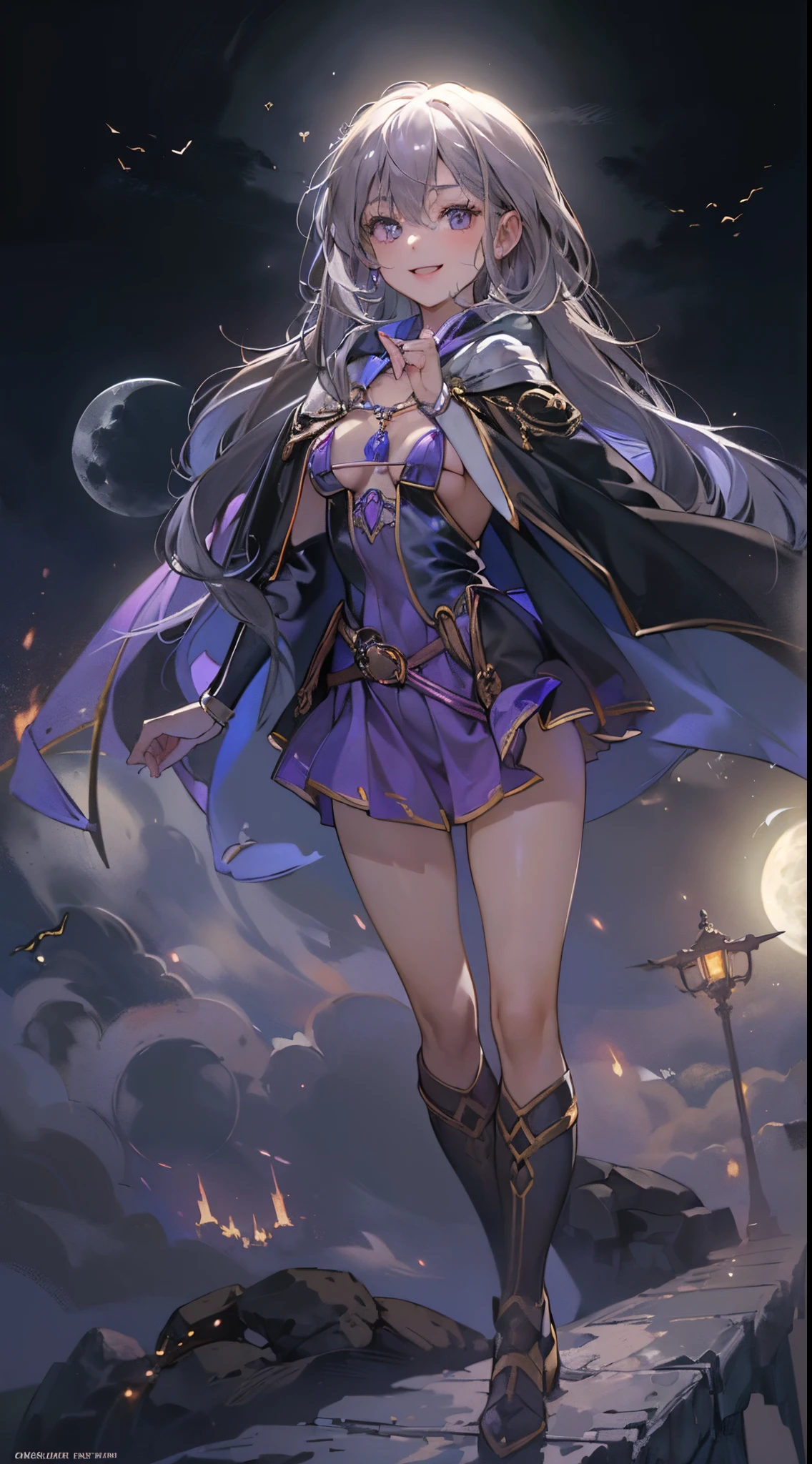 One lady,12year old,(() ,((())), (()), (())((I'm opening my mouth)),((micro skirt, micro bikini and short cloak))(A smile),,(A dark-haired,),((Fantasy,Moon Night))((Clothes are torn))