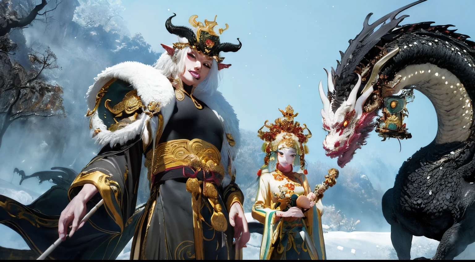 professional , tmasterpiece、quality、Realphotos , depth of fields (Gem black metal body:1.9),(Enamel black、()、(chinesedragon)、enigmatic expression、Dragon Gold Weapon(Dragon metal body:1.4),Gorgeous gold weapons ,(( Dragon sword intensive gorgeous splash、 ,warhammer40k , sisterhood,Delicate and gorgeous crown hair))((Gungar forest background))、beautiful young white man、(1One guy)、Dynamic Unger ,(((Exquisite ornate dragon helmet)))、20岁女孩、A smile、white backgrounid, Background with,Blank background、Women’s hands are thin and beautiful、、enigmatic expression、Light effect、