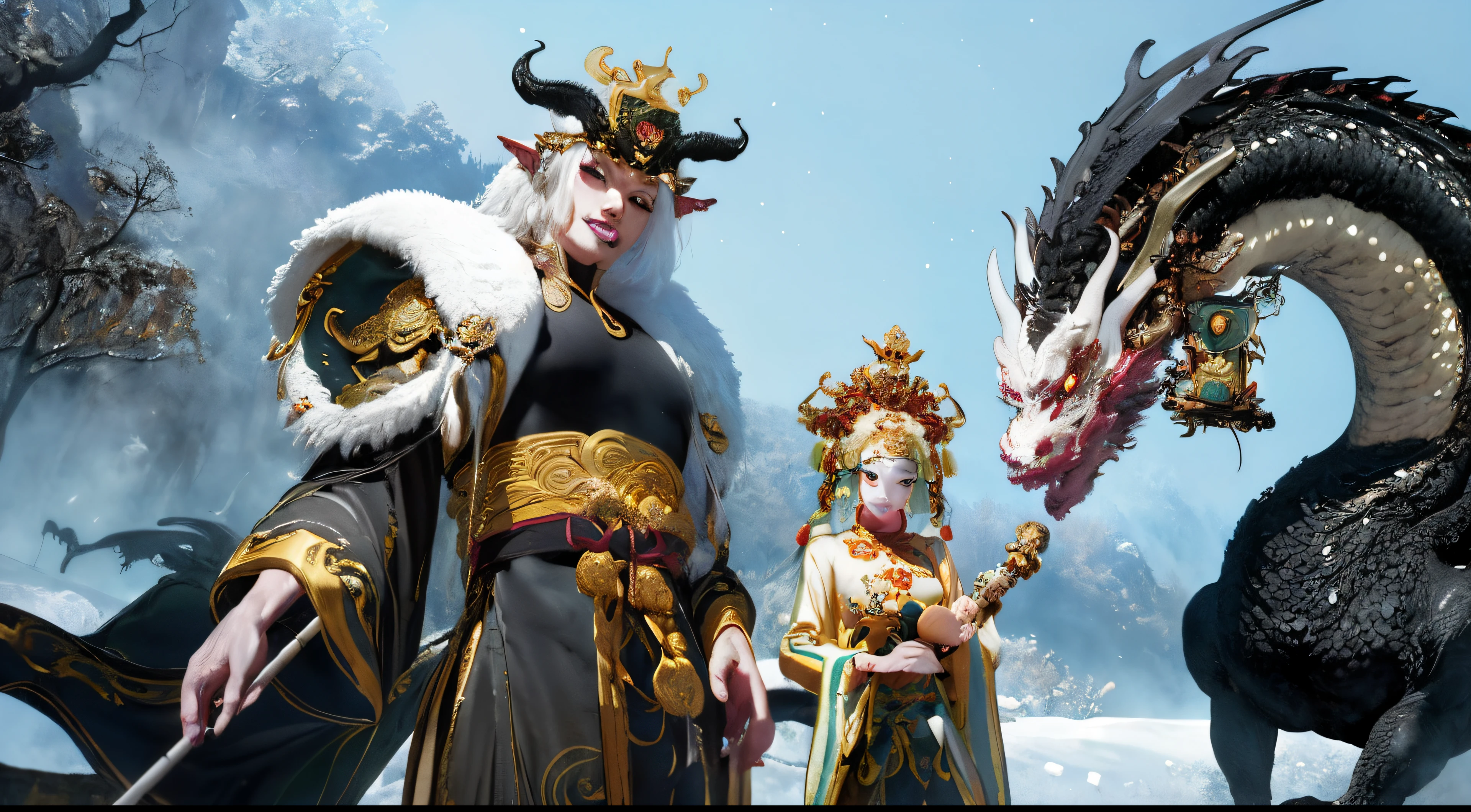 professional , tmasterpiece、quality、Live photos , depth of fields (Jewel black metal body:1.9),(Enamel black、()、(chinesedragon)、enigmatic expression、Dragon Gold Weapon(Dragon metal body:1.4),Gorgeous gold weapons ,(( Dragon sword intensive gorgeous splash、 ,warhammer40k , sisterhood,Exquisite and gorgeous crown hair))((Gungar forest background))、beautiful young white man、(1One guy)、Dynamic Unger ,(((Exquisite ornate dragon helmet)))、20岁女孩、A smile、white backgrounid, Background with,Blank background、Women’s hands are thin and beautiful、、enigmatic expression、Light effect、