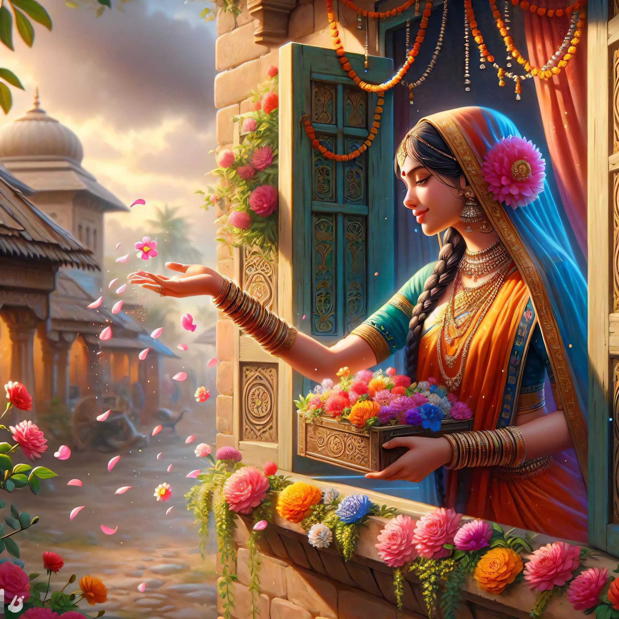 a woman in a colorful sari  holding flowers and looking out a window, beautiful art uhd 4 k, 4k highly detailed digital art, beautiful digital artwork, indian art, detailed painting 4 k, 8k high quality detailed art, painting of beautiful, traditional beauty, colorful hd picure, a beautiful artwork illustration, beautiful digital painting, 4k detailed digital art