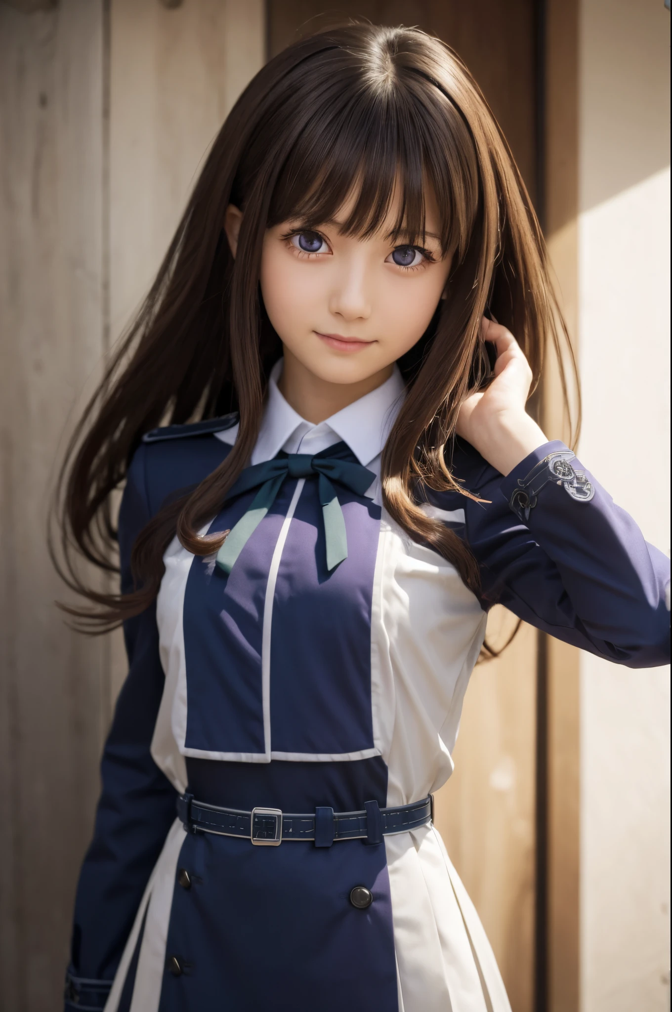 top-quality, 8K, ultra-detailliert, Photorealsitic, Takiinoue, Takina Inoue, The long-haired, bangss, A dark-haired, (Purple Eye:1.4), BREAK  shirt, long-sleeve, Onepiece, bow ribbon, student clothes, White shirt, shirt with collar, a belt, Neck ribbon, Blue Dress, Green Ribbon, pleated dress, Gradeless, two-tone dress, blue obi, Licorice Uniform, Outdoor break, sity, BREAK (​masterpiece:1.2), Top image quality, hight resolution, Unity 8k壁纸, (illustratio:0.8), (Beautiful detail eyes:1.6), extra detailed face、Perfect litthing、extremely details CG、(perfect hand、perfect anatomia)、Takina Inoue、Inoue,Takina, 1girll, Background in the city, (fluffy hair:1.4), 15yo student, (hold a gun), Smile