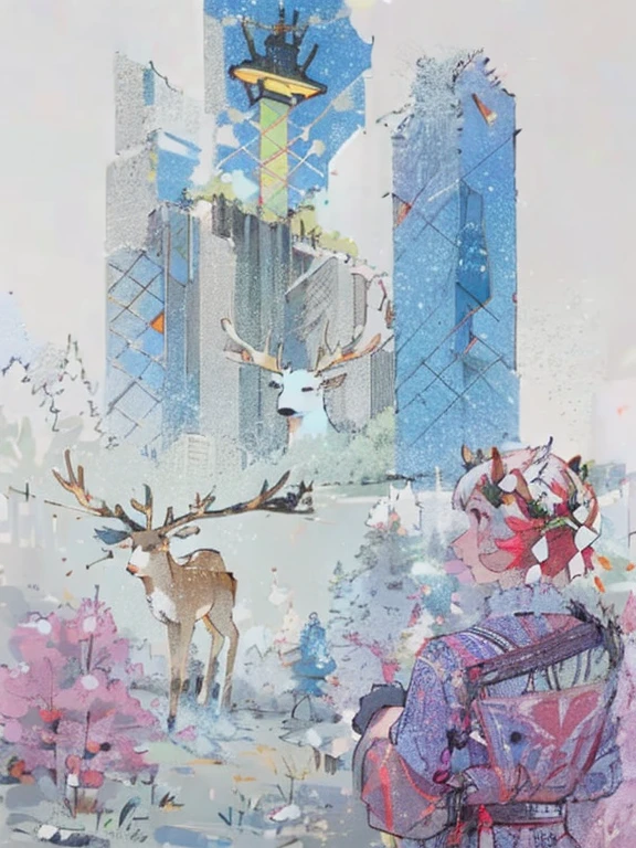 Point, line, surface combination,Presented in illustrated form,In the middle of the picture a deer's head with red ribbons wrapped around its antlers.,The background black barbed wire and blue sky,The light from the overhead streetlights illuminates the deer,The lower part a combination of color and abstract images.