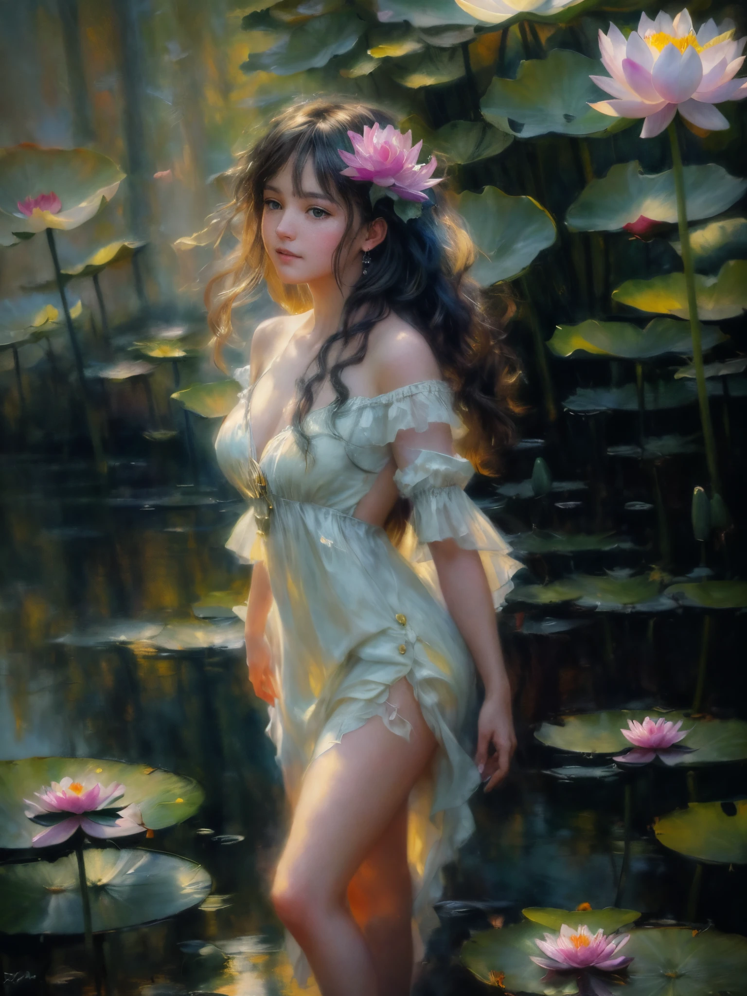 oil painting, brush strokes, paint splashes, colorful, masterpiece, best quality, ultra detailed wallpaper, 1 beautiful fairy, white semitransparent shotrt dress, blue bush of hair, she stands on a lotus flower, surreal dreams lotus field in the backgroung, surreal dreamscape, (best quality,4k,8k,highres,masterpiece:1.2),ultra-detailed, portrait, painting by Daniel Gerhartz, Bryce CAMERON LISTON, Monet, expressive pose, studio lighting,vibrant colors,dramatic lighting,contrast, , Meticulous details, intricate details